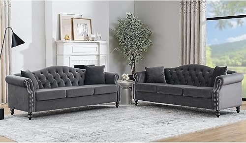 Fulocseny Sofá Chesterfield de terciopelo gris de 79 pulgadas para sala de estar, 2 piezas, sofá de 3 plazas, con botones copetudos, respaldo