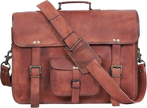 Miniatura 4 de cuero Bolsa de mensajero retro de piel de cabra de 18 pulgadas para laptop, maletín de oficina, bolsa universitaria para hombres y mujeres (marrón,
