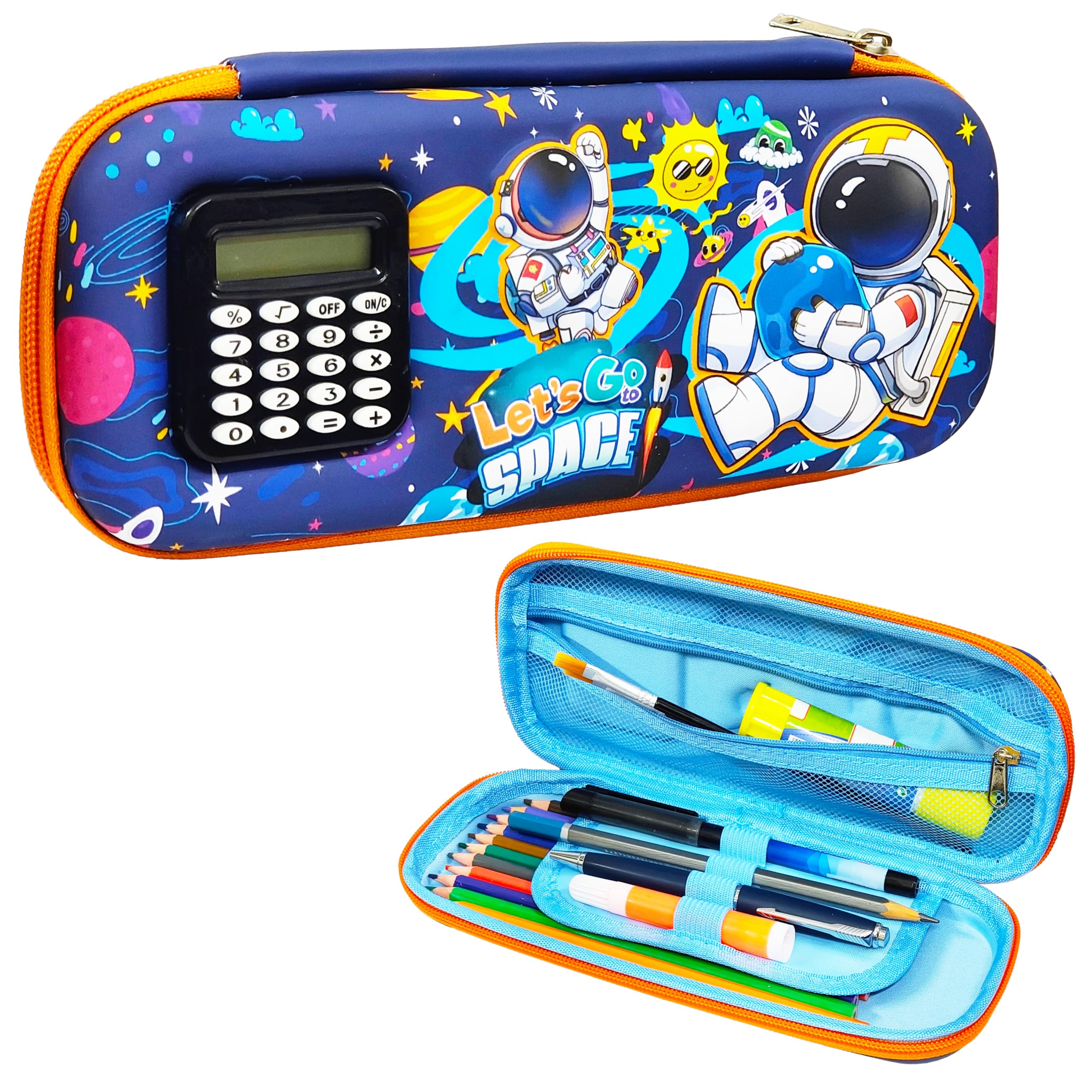 VGRASSP Stationery Pencil Pouch for Kids with Mini Calculator - Space Theme Zipper Case with Multi Storage Compartments - School Supplies Organizer - Multicolor-image-48