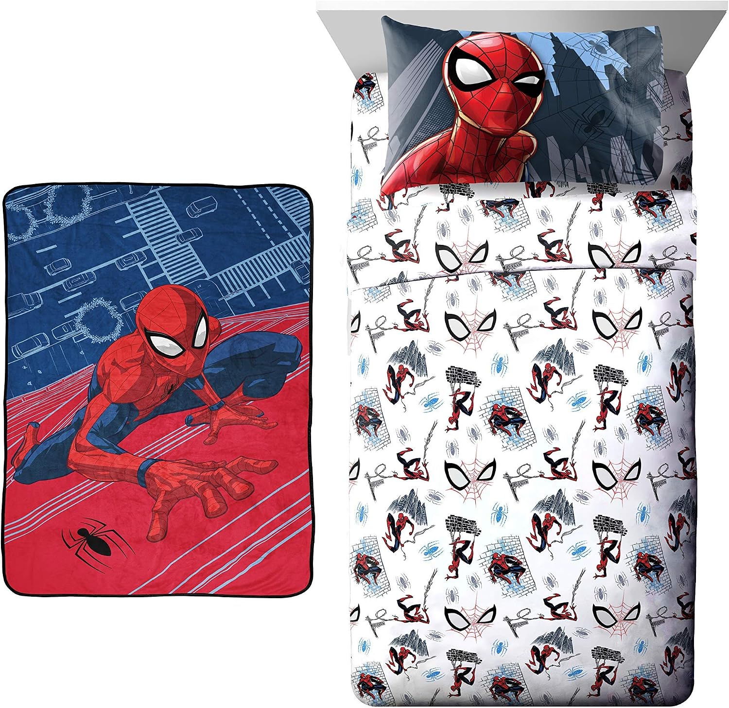 Jay Franco Marvel Spiderman Wall Walk Throw Blanket 4-Piece Bundle-Includes Blanket, Twin Sheet Set