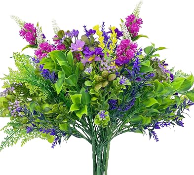 9-Bundle Multi-Species Realistic Faux Plants Artificial Flowers for Outdoors Planters, UV-Resistant for All Weather Magenta & Lavender, 9