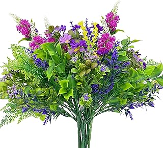 WAKISAKI 9-Bundle Artificial Flowers & Fake Plants Faux Greenery Stems, with Variation, for Outdoor Decoration (Magenta & Lavender, 9)