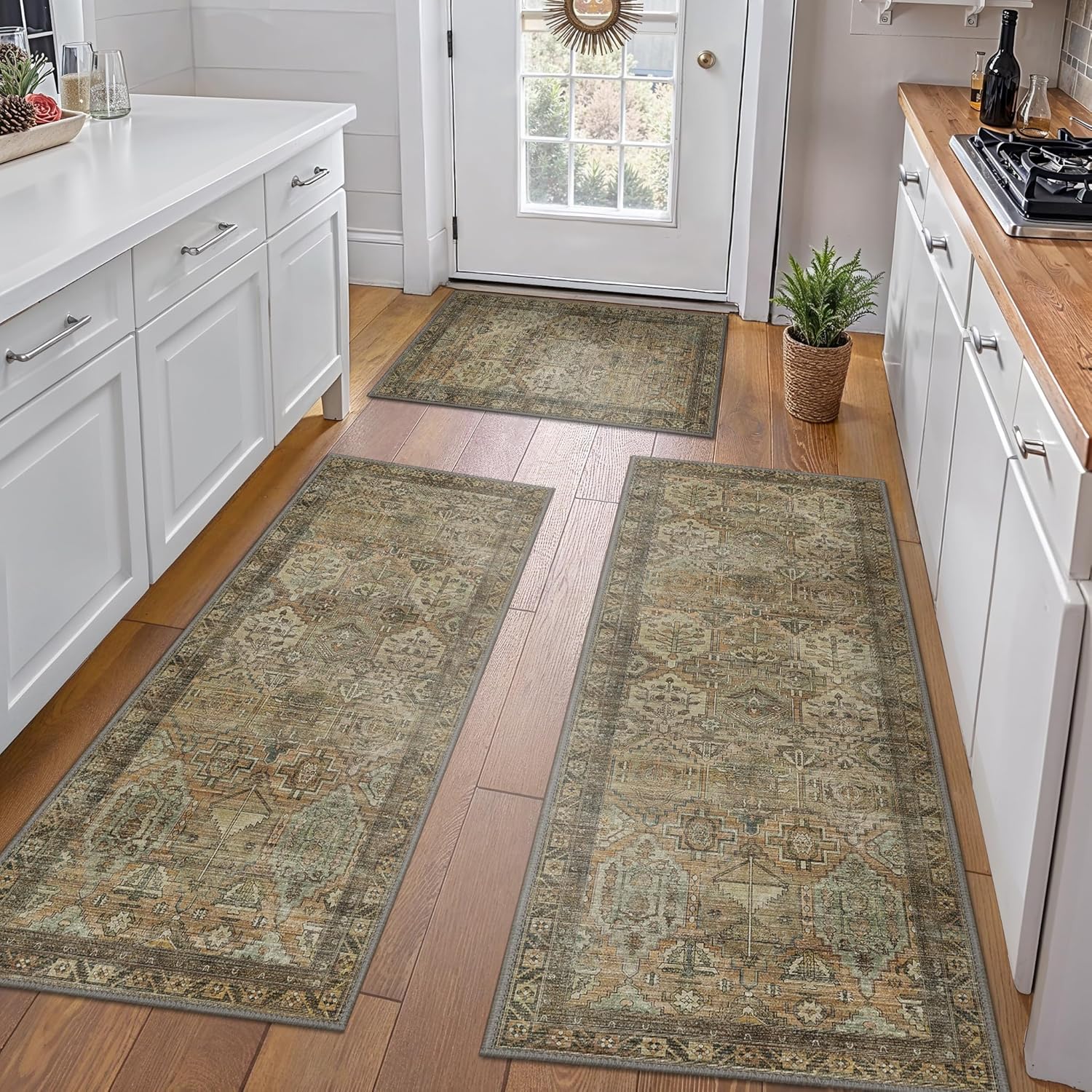 GENIMO Kitchen Mats for Floor Set of 3 Non-Slip Washable, Waterproof Lightweight Kitchen Rugs, Kitchen Floor Mat Runner Rug Carpet for Laundry, Sink, Entryway, Hallway, Bathroom, Brown Green