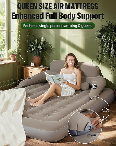 Miniatura 2 de JEASONG Colchón de aire con cabecero inflado y desinflado rápido cama inflable de 9 pulgadas de alto con cómoda parte superior flocada para el hogar