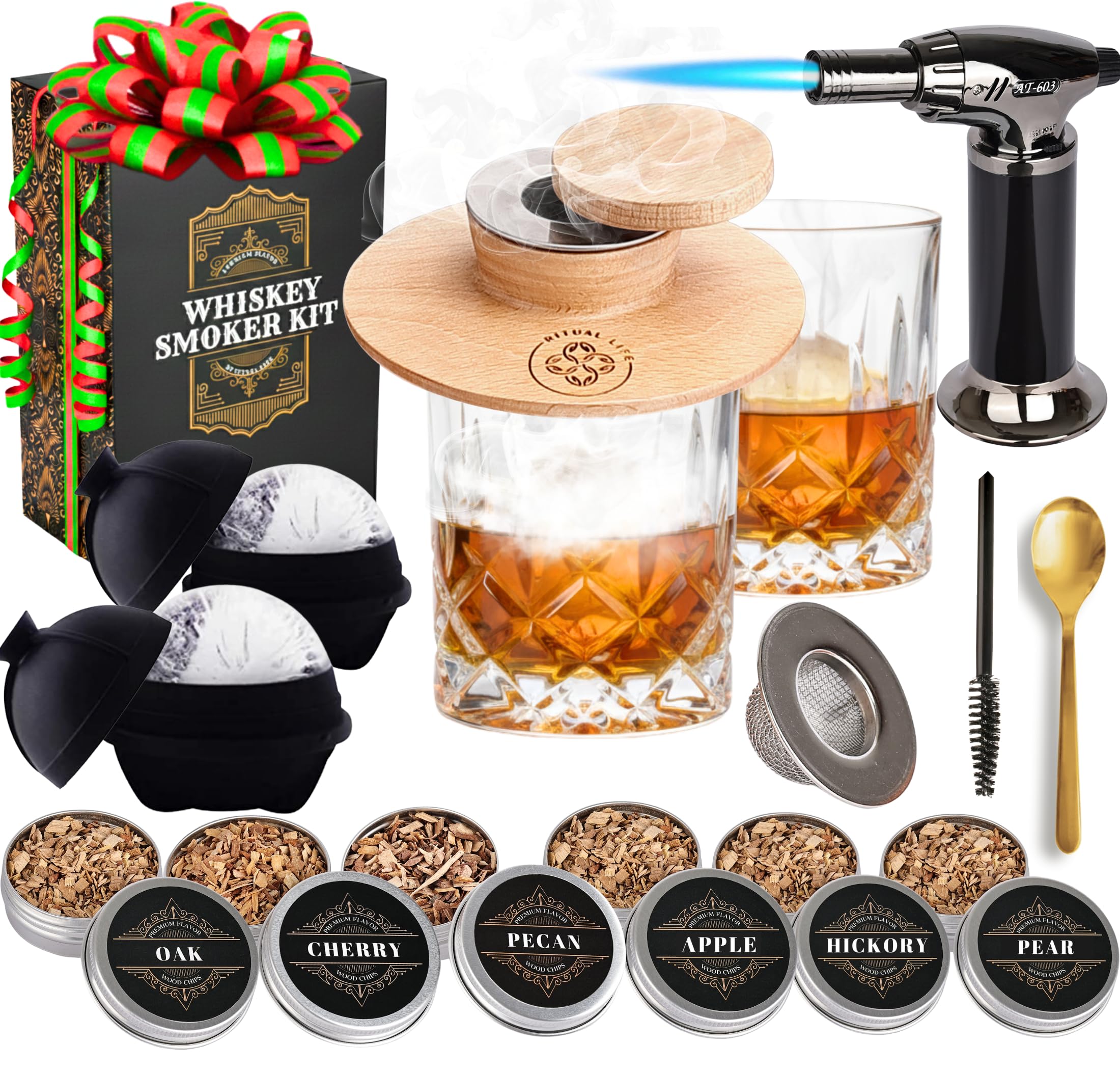 Cocktail Smoker Kit with Torch - Whiskey Bourbon Drink Smoker Set - Includes Two Glasses, 4 Flavors Wood Chips, Smoke Infuser Lid, Ice Mold - Home Bar Accessories - Gifts Ideas for Men