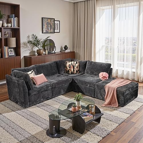 HOOOWOOO Modular Sectional Sofa,5 Pieces Sectional Couches for Living Room,98X55 L Shaped Cloud Couch with Ottoman Chaise Set(Grey Velvet Corduroy)