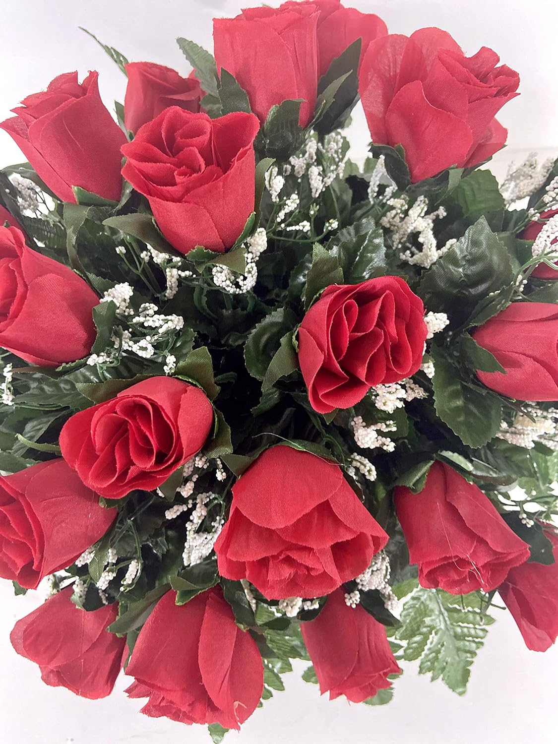 Small Red Rose Spring Cemetery Flowers for Headstone and Grave Decoration-Red Roses with Baby's Breath Saddle