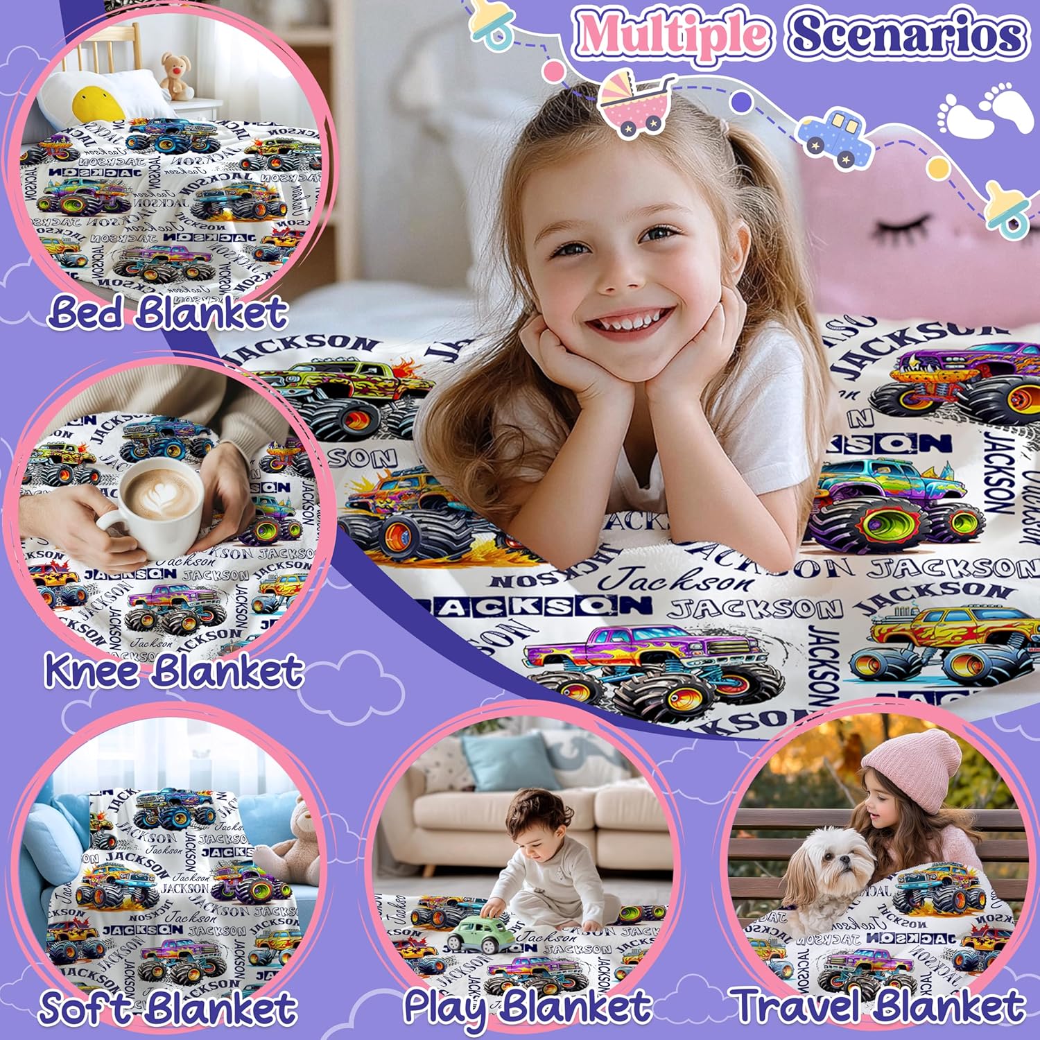 Personalized Monster Truck Blanket with Name Customized Baby Blanket with Name Custom Monster Truck Blanket for Boy Girl Soft Warm Throw for Newborn Toddler Stroller Crib Decor Baby Gift 60"x80"