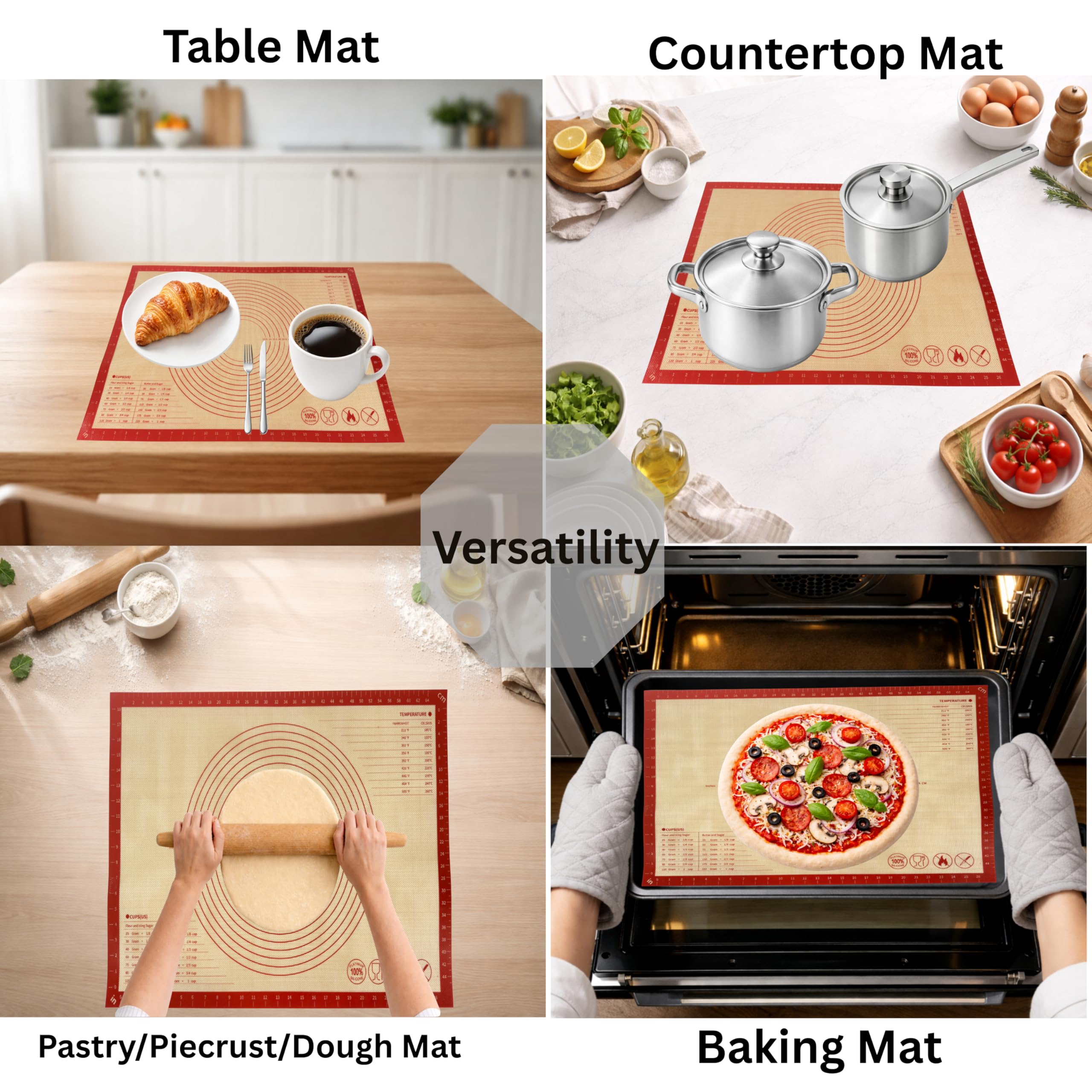 Tapis de pâtisserie en silicone avec mesures, 91,4 x 61 cm, extra épais, antidérapant, antiadhésif, XL, pour rouler la pâte, pétrir, fondant et tarte, rouge