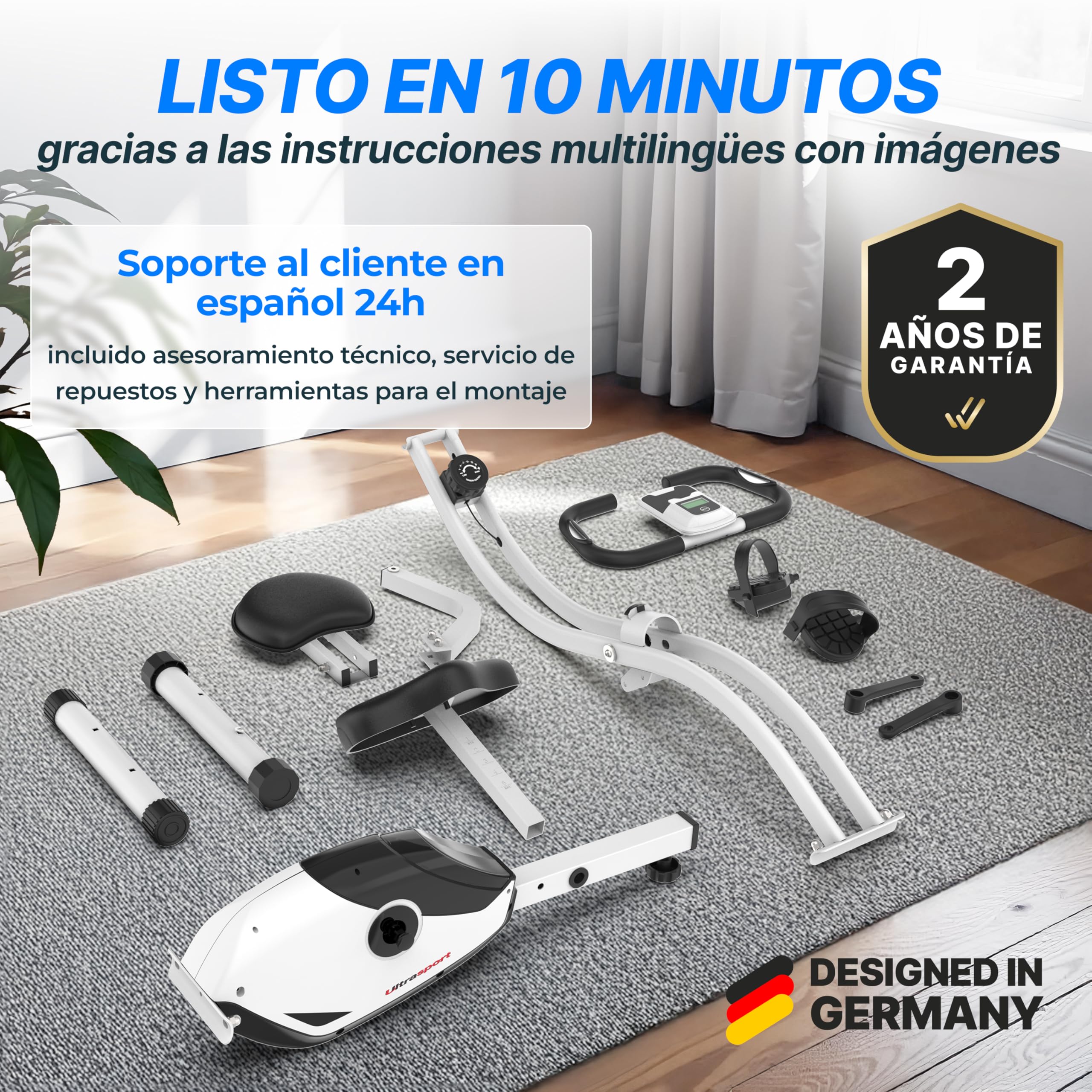 Ultrasport F-Bike 200B, entrenador bicicleta, bicicleta estática plegable, con respaldo,computadora entrenamiento LCD,peso máximo 110 kg,medición frecuencia cardíaca,8 niveles resistencia, Rosa/Blanco
