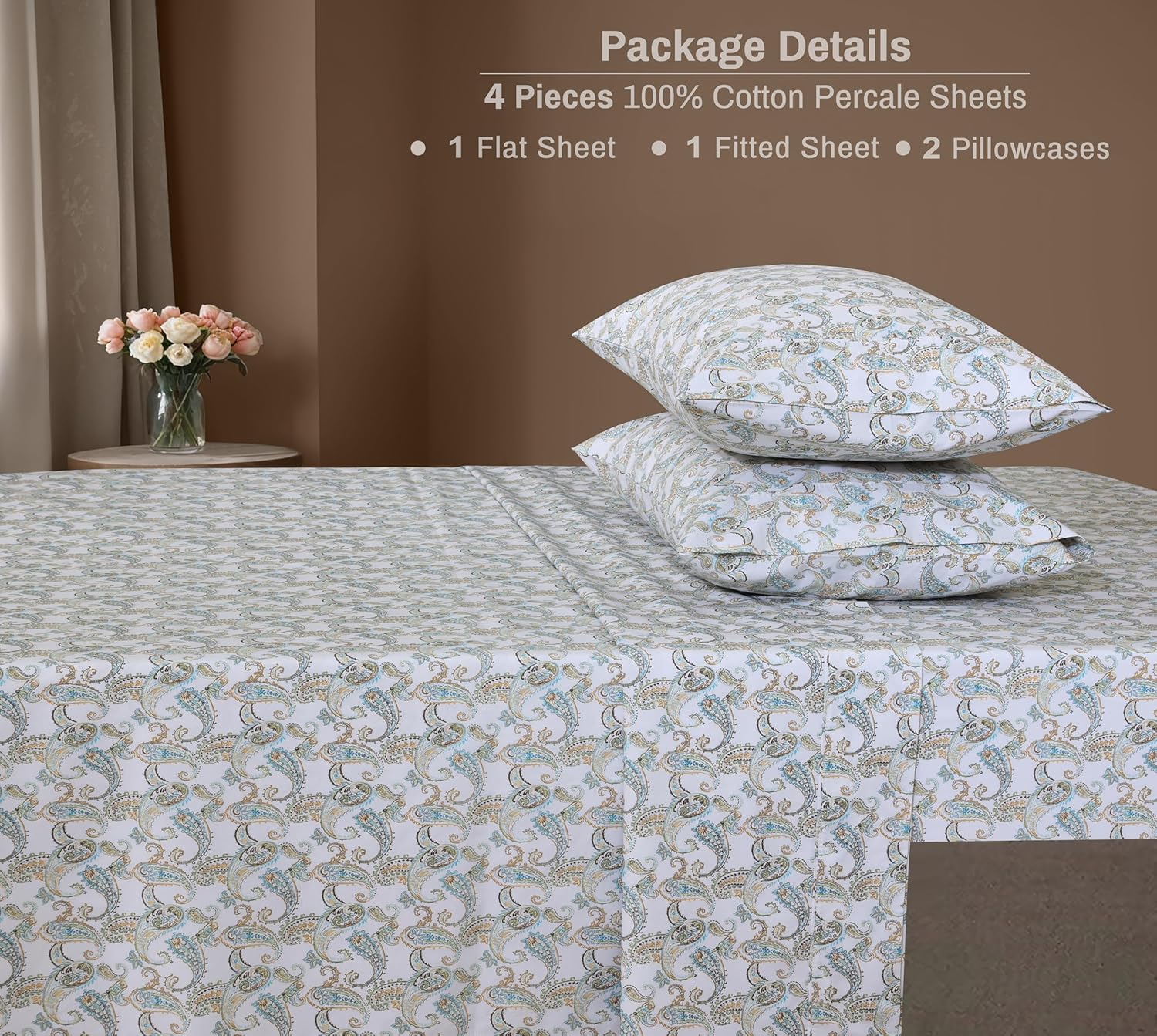 ZOYER 100% Cotton Sheets – Full Size Percale Bedding, Cooling & Breathable, Durable with a Crisp, Soft & Comfortable Feel, 16" Deep Pocket, 4-Piece Set, Paisley Ornamental - Image 5