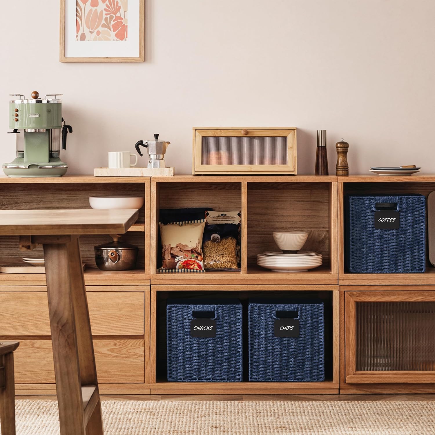 UBBCARE 2 Pack Wicker Basket, 10.5×10.5 Storage Cubes with Label, Foldable Cube Storage Bin with Handle, Square Storage Basket for Shelves, Woven Paper Rope Basket for Organizing, Blue