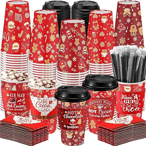 Miniatura 6 de 100 juegos de tazas de café desechables de Navidad con funda, tapa de plástico, pajitas para revolver chocolate caliente de Navidad, tazas de