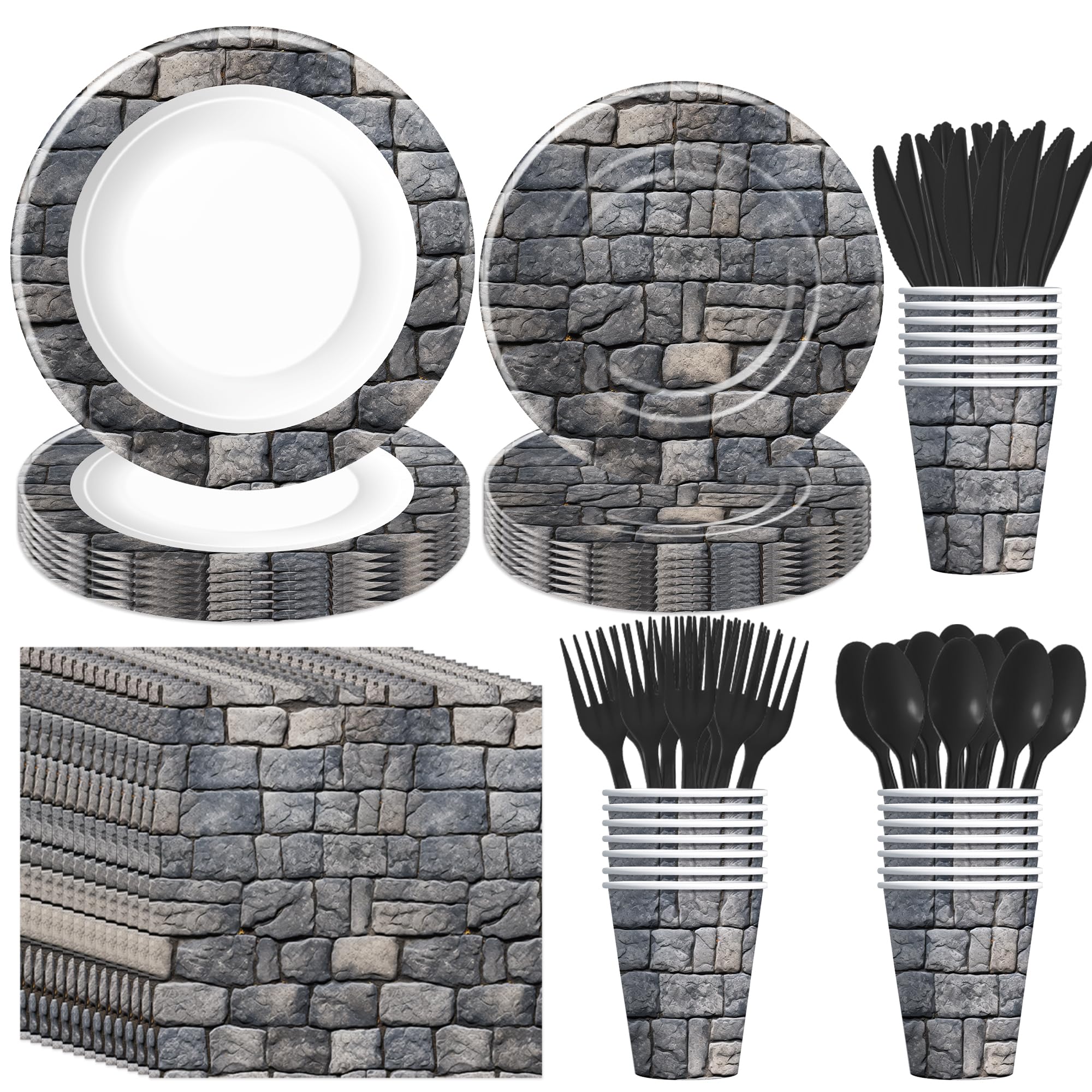 Cobblestone Party Decorations Tableware - Cobble Stone Brick Wall Medieval Castle Knight Birthday Party Supplies, Paper Plate, Cup, Napkin, Cutlery, Cobblestone Party Supplies | Serve 24