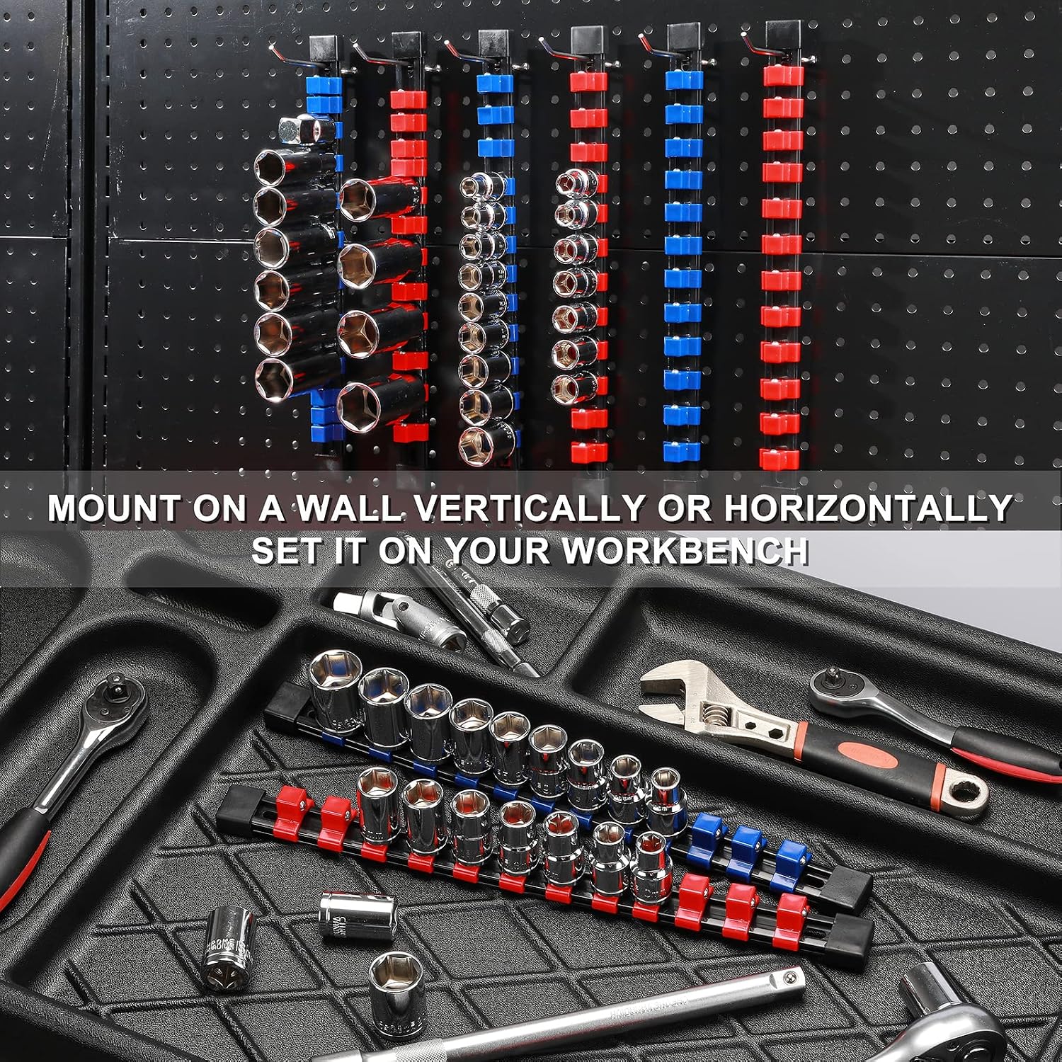 EMENTOL 6PCS ABS Socket Storage Rail Set(3 Red + 3 Blue), Premium Quality Socket Organizer Holder, 1/2-Inch x 72 Clips