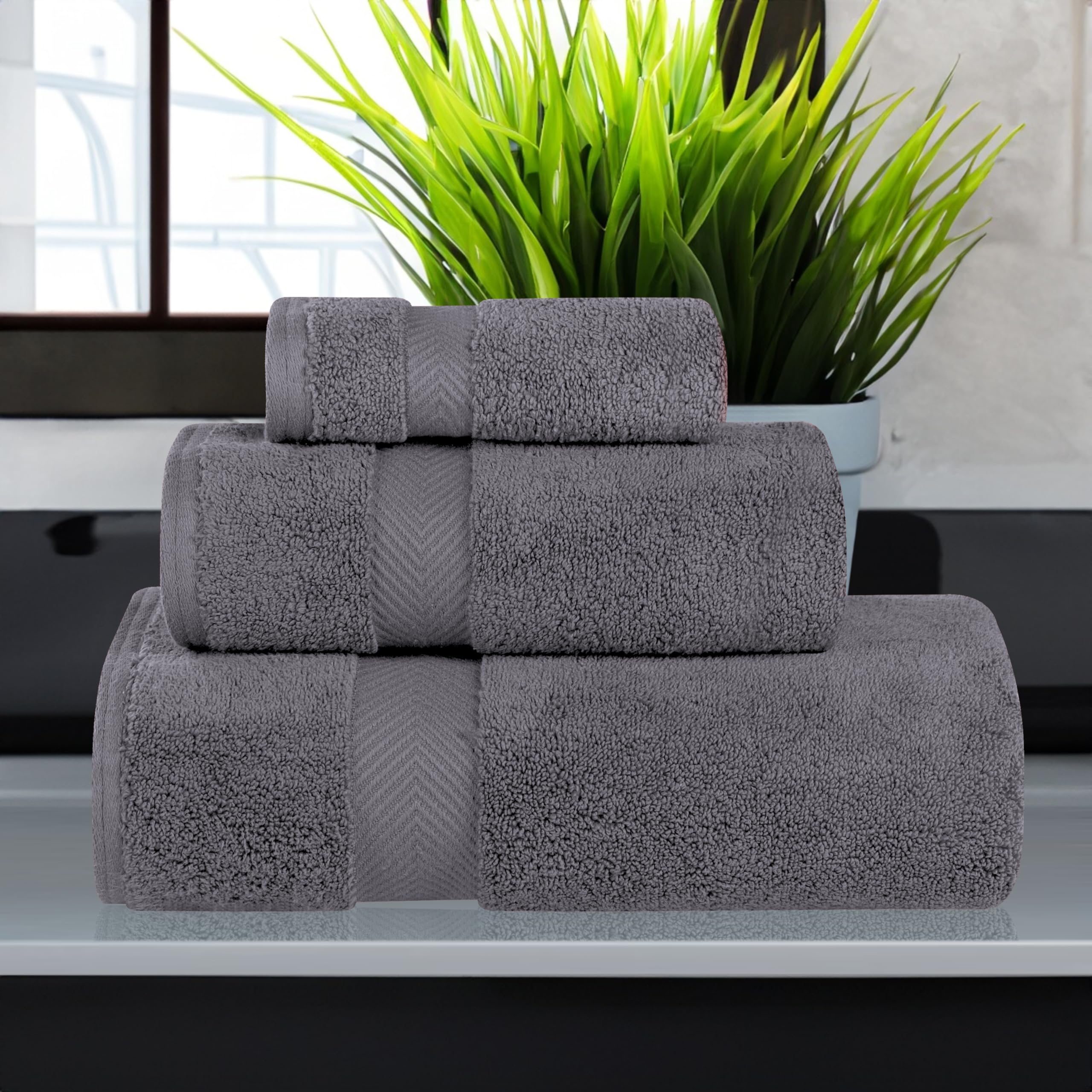 Superior Collection 100% Zero Twist Cotton Super Soft and Absorbent 3-Piece Towel Set, Grey, 3 Piece Towel Set - Image 2