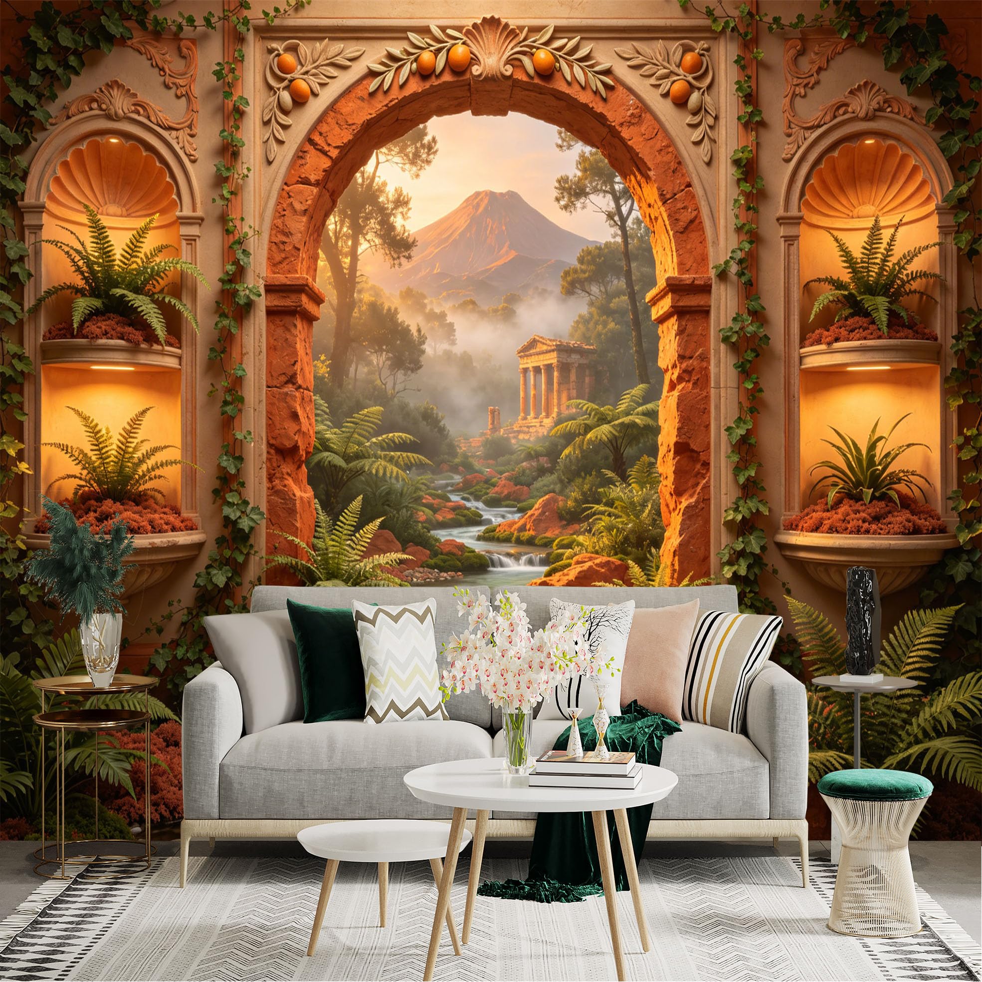 Lnzczhyre Dbh260521033 Custom Size Wall Sticker Mural， Mediterranean Stone Archway， Ancient Temple Ruins， Lush Mountain Stream， Tropical Fern Garden， For Wall Decoration， Peelandstick Wall Decals.