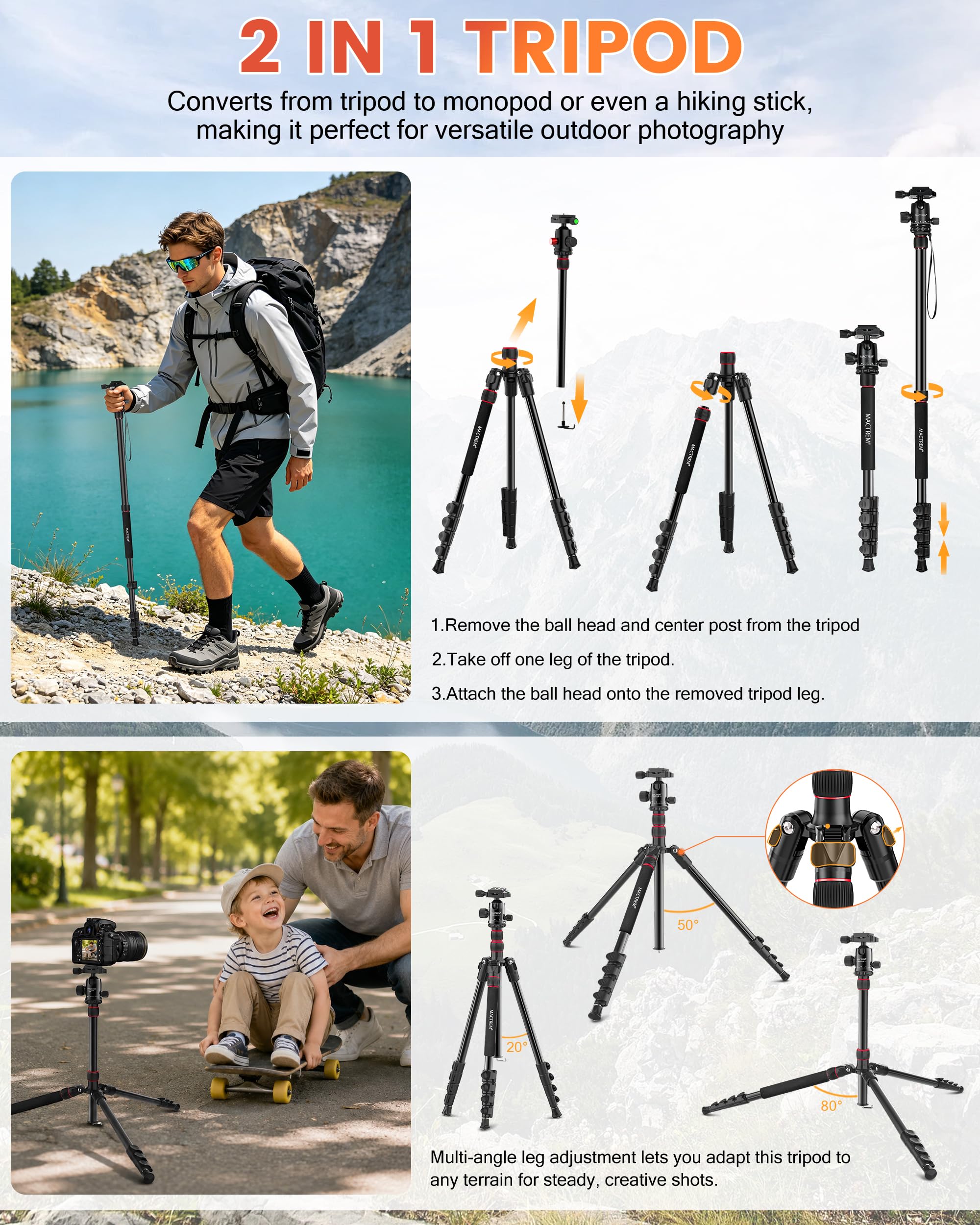 MACTREM Trípode de 84 Pulg, Trípode DSLR Profesional con Rotula 360°, de Aluminio y Monopie, Incluye Bolsa, Carga 15 kg, Compatible con Cámaras y Telescopios | Bolsa de transporte con diseño de trípode y monopié incluida compatible con Canon, Nikon, binoc