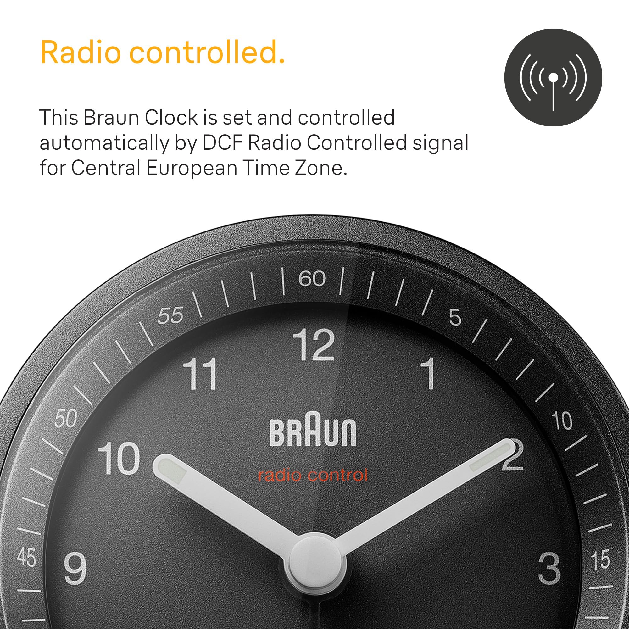 Braun Classic sterowany radiowo budzik analogowy dla środkowoeuropejskiej strefy czasowej (DCF/GMT+1) z funkcją drzemki i światła, cichym ruchem, alarmem dźwiękowym Crescendo w kolorze czarny, model BC07B-DCF.