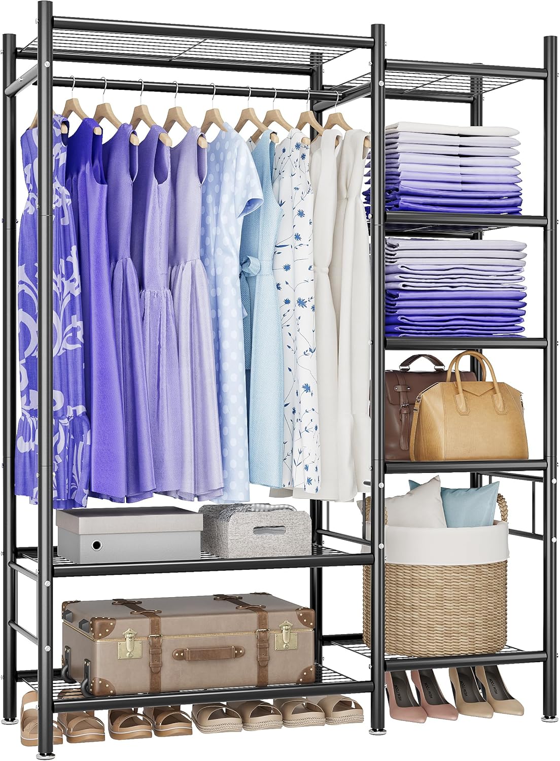 Stand Appendiabiti Con Copertura Forthcan Appendiabiti Resistente Autoportante Appendiabiti Organizer Grande Armadio Con Scarpiera, Asta Appendiabiti, Ripiano Regolabile, Nero Clothes Rack - Foto 5