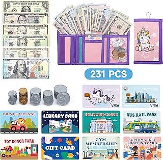231PCS Play Set, Fake Coins for Cash Register, Prop Set Include Wallet and Fake Credit Cards, for Kids Pretend Play and Ma...