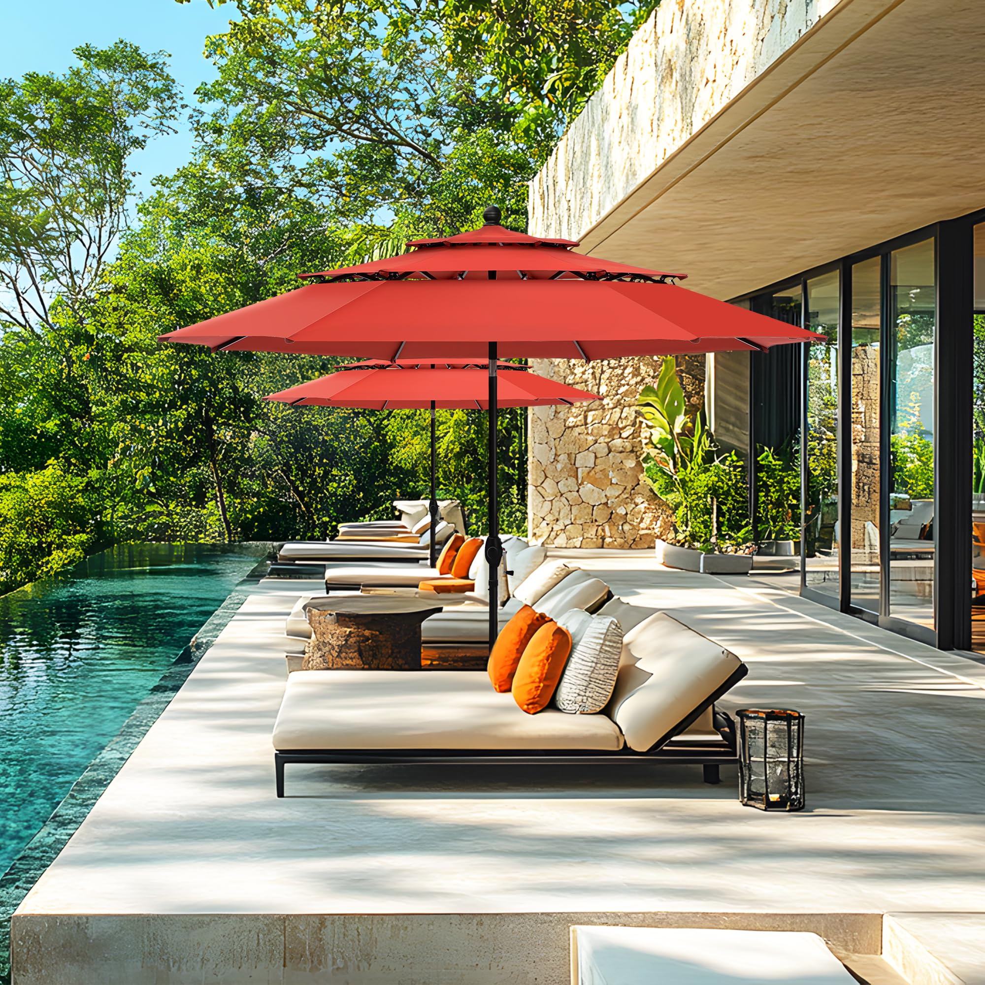 MFSTUDIO 10ft 3 Tier Patio Outdoor Umbrella, Market Table Sun Shade Umbrellas for Backyard Deck Poolside, Auto-tilt, Orange Red