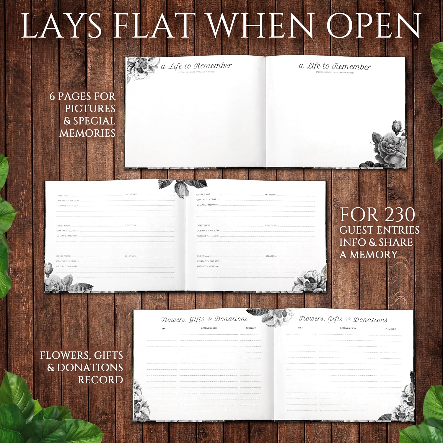 Elegant Black Floral Funeral Guest Book – 95 Pages, Gold Stamped Cover & Page to Add Photo– With Silver Pen & Acrylic Base – Memorial Sign-In Book for Funerals, Celebrations of Life and Condolences