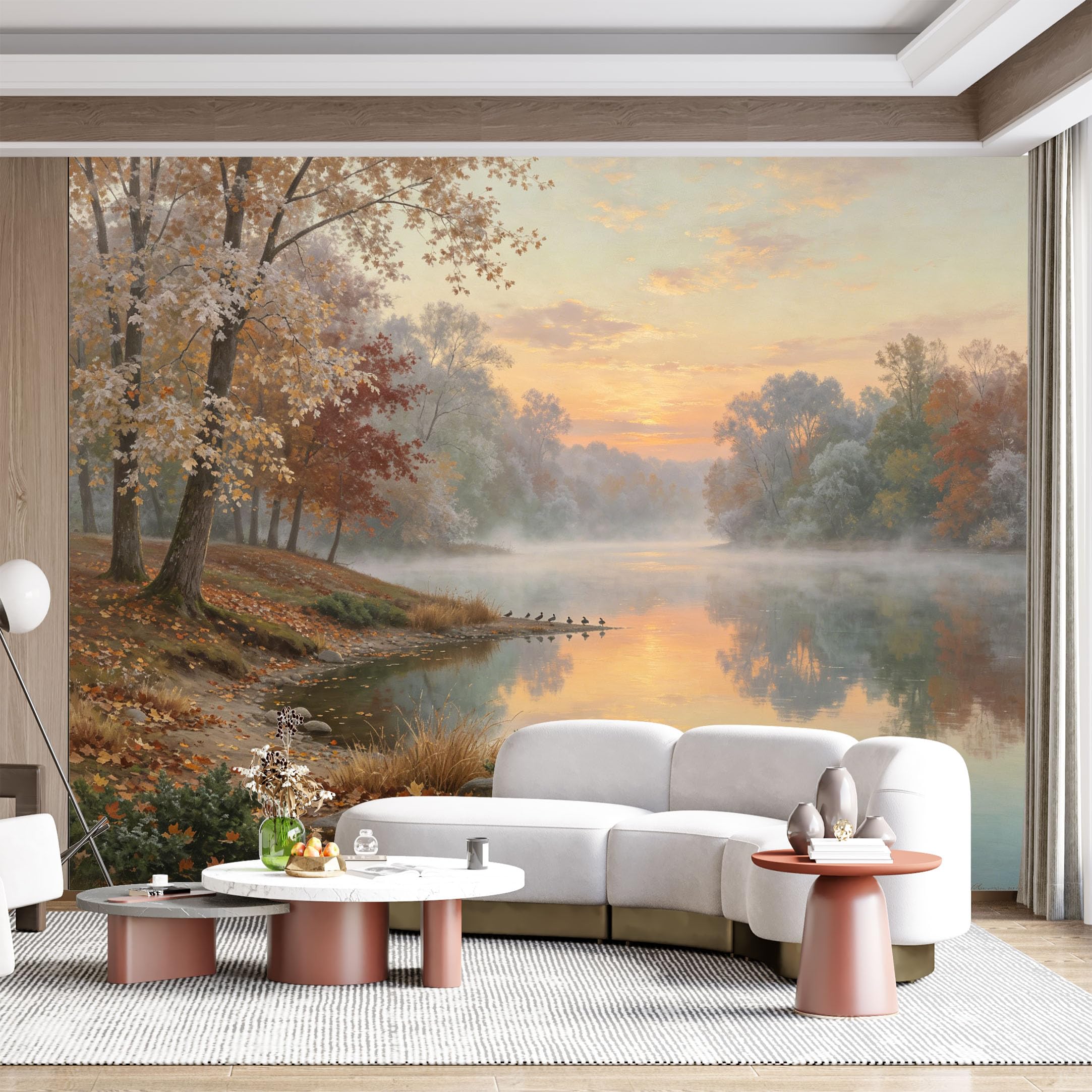 Custom Size Wall Mural Autumn Landscape Lake River Ducks Foggy Sunrise Scenic Seascape Oil Painting SelfAdhesive Wall Fabric Removable for Home Office Decor