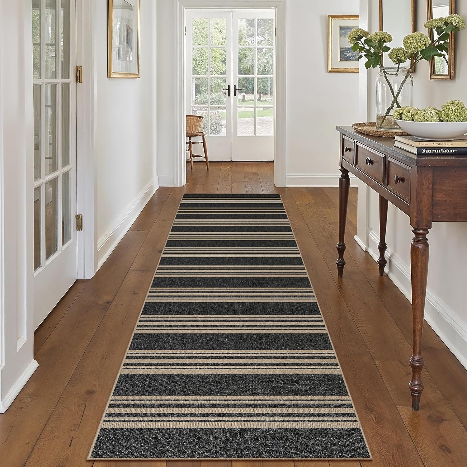 PureCozy Striped Easy Jute 2x8 Kitchen Runner Rug Black Washable Outdoor Carpet for Hallway Non Slip Farmhouse Neutral Indoor Outdoor 2'6"x8 Long Rug Bathroom Bedroom Laundry Entryway