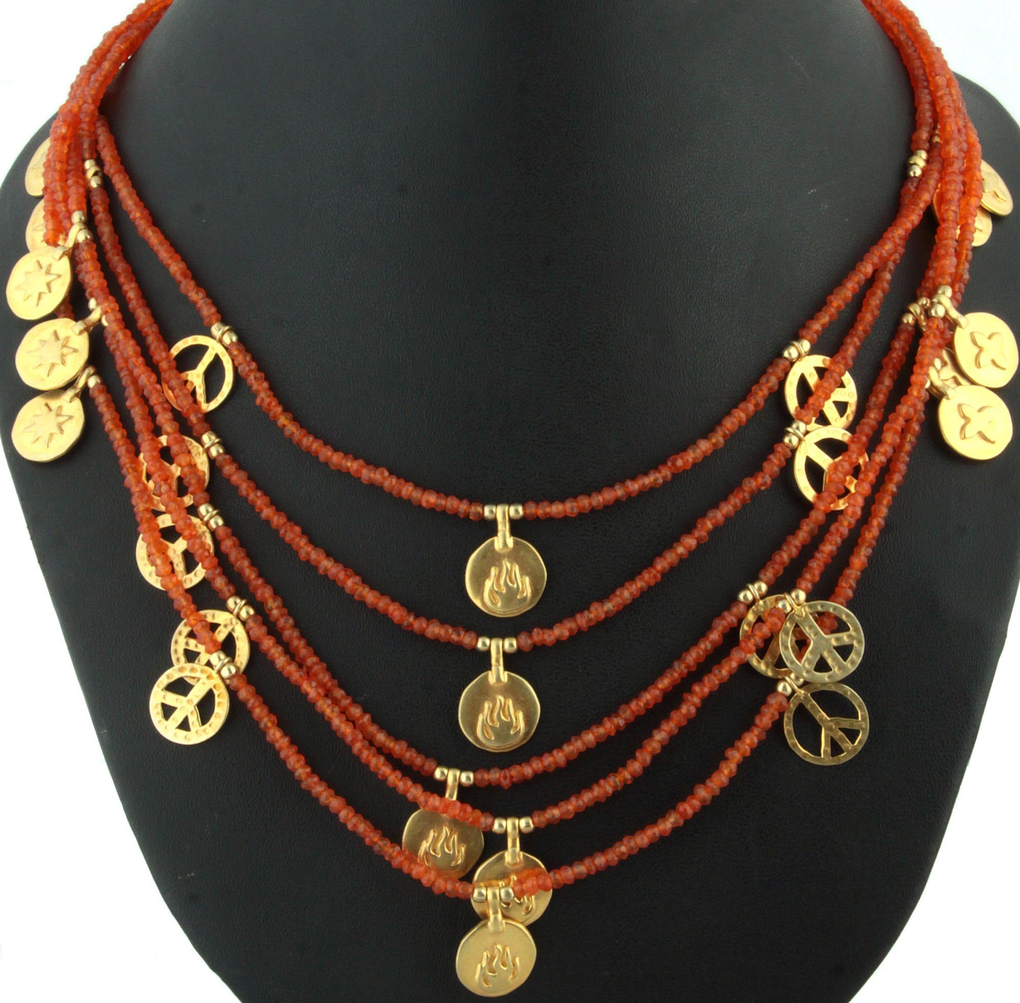 Exotic India Carnelian Necklace with Gold Plated Charms - Sterling Silver