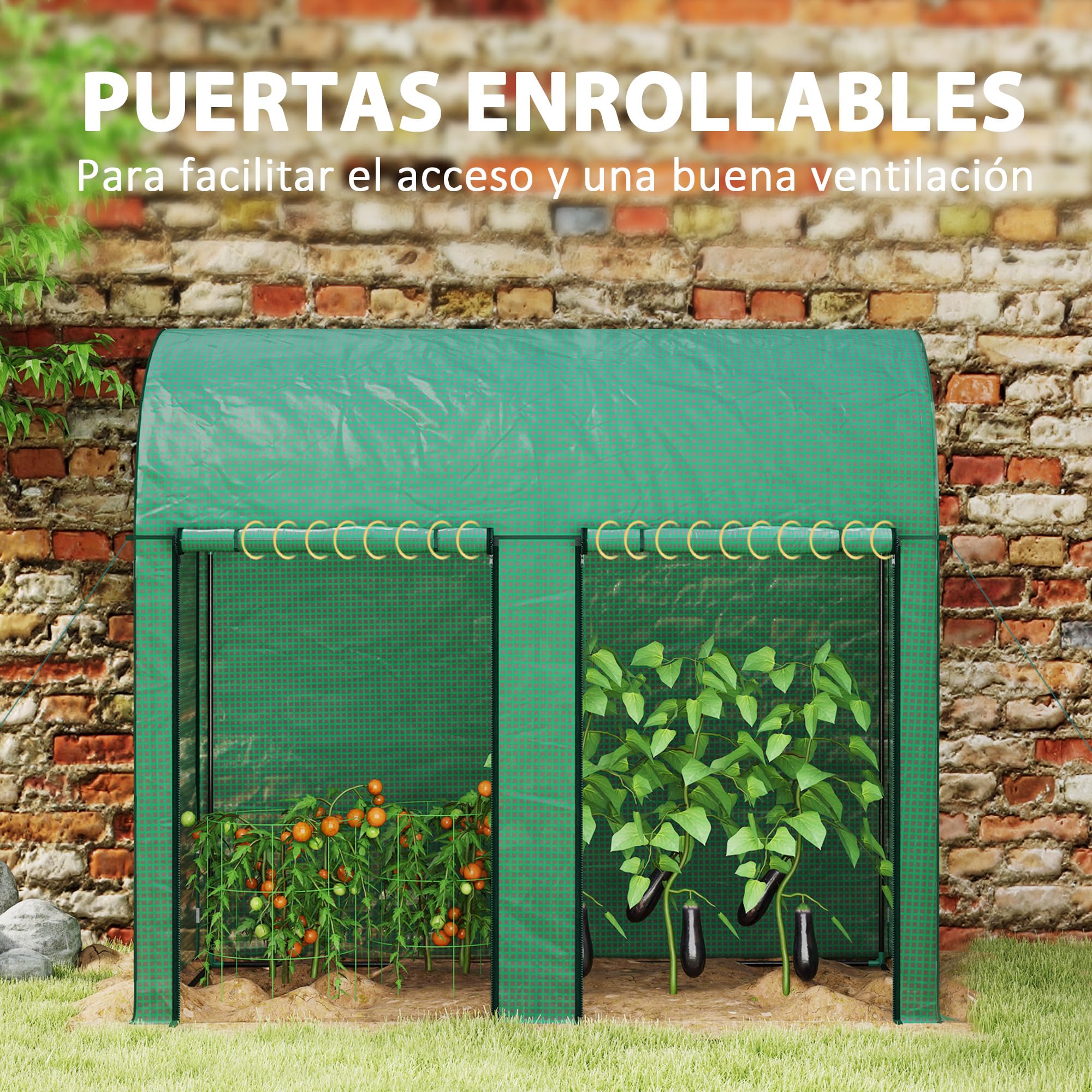 Outsunny Invernadero de Exterior Invernadero de Jardín con 2 Puertas Enrollables con Cremallera Marco de Acero y Cubierta de PE 140g/m² Anti-UV Impermeable para Plantas Flores 200x100x178 cm Verde