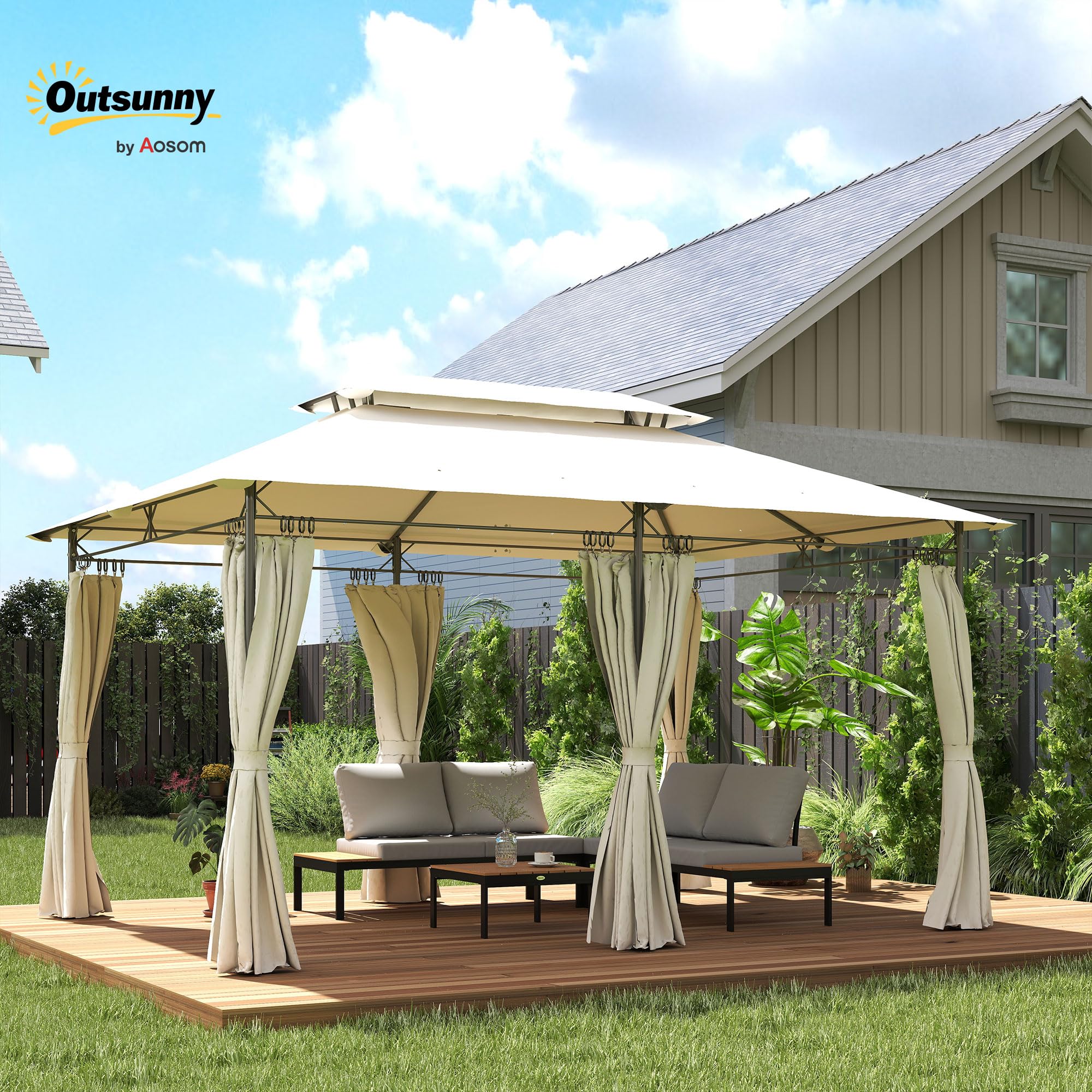 Outsunny Cenador de Jardín 4x3 m, Pabellón de Jardín Gazebo con Doble Techo, 6 Paredes Laterales, Estructura Metálica, Orificios de Drenaje, Carpa para Exterior, Terraza, Patio, Crema