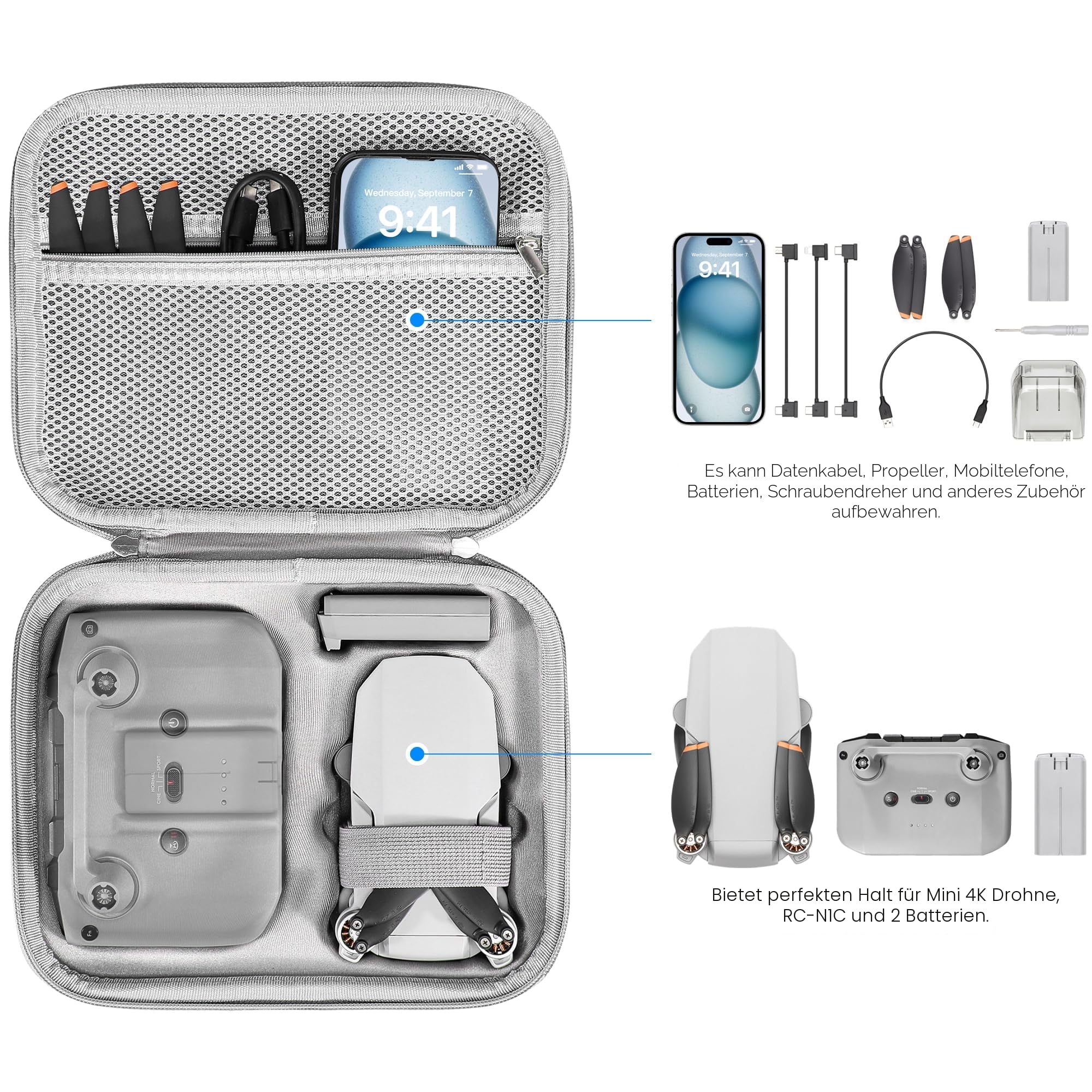 FPVtosky Mini 4K Tasche Kompakter Koffer für DJI Mini 2 SE/4K Drohne Zubehör Tragetasche Mit Steuerknüppel, Propellerhalter und Schutz, Grau