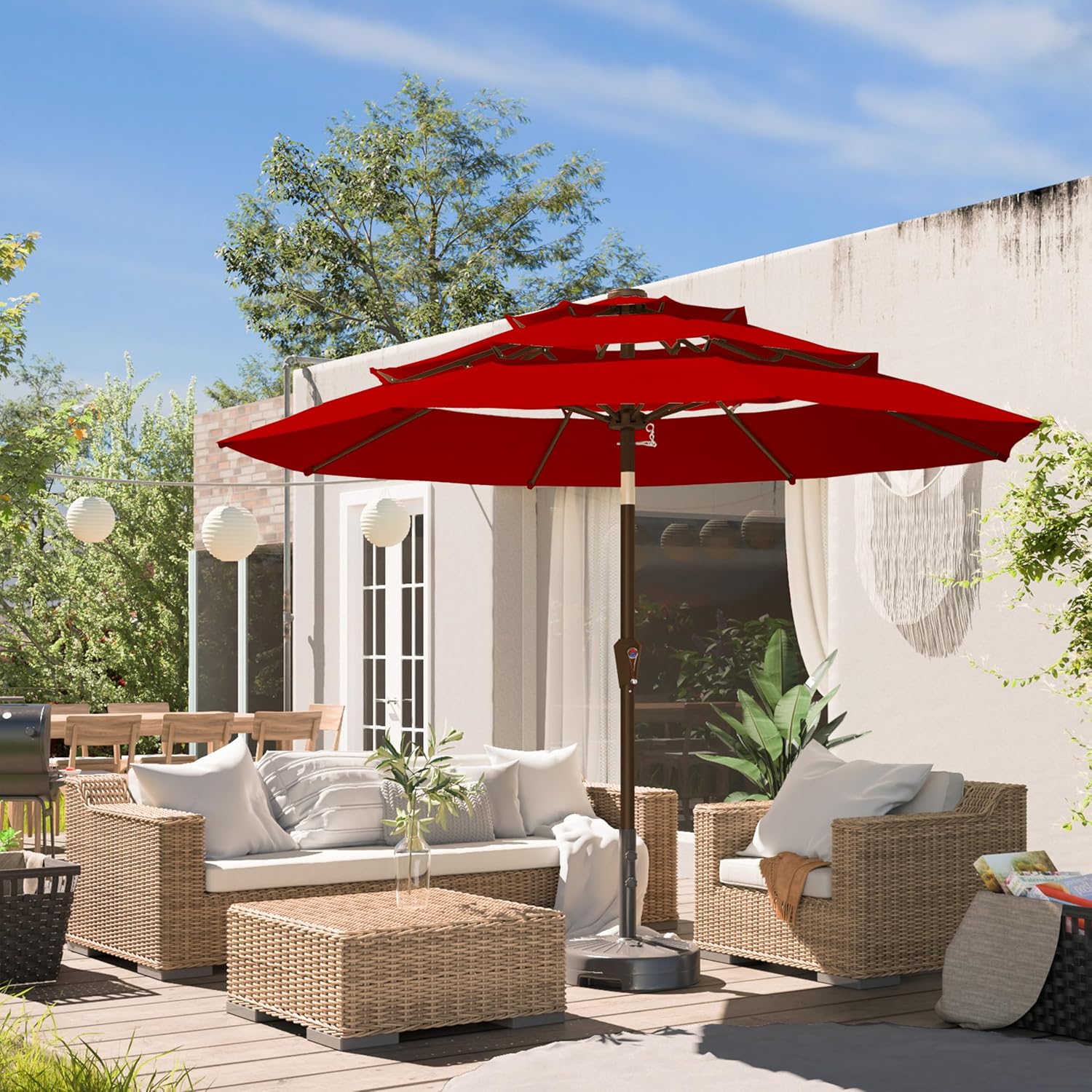 Ayge 9FT 3-Tier Large Outdoor Patio Umbrella Market Table Umbrella-UV Resistant,Easy Push Button Tilt and Crank,8 Sturdy Fiberglass Ribs Heavy-Duty Pool Umbrella for Deck,Backyard,Garden,Yard,Red