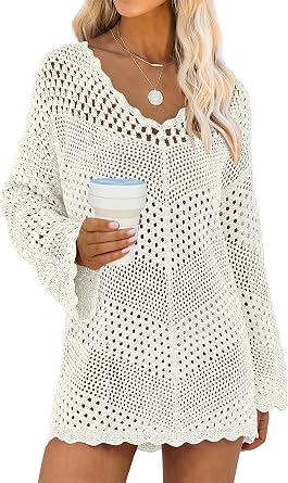 ANRABESS Swimsuit Cover Up for Women Crochet Bathing Suit Summer Swimwear V Neck Mesh Knit Dress 2026 Beach Vacation Clothes