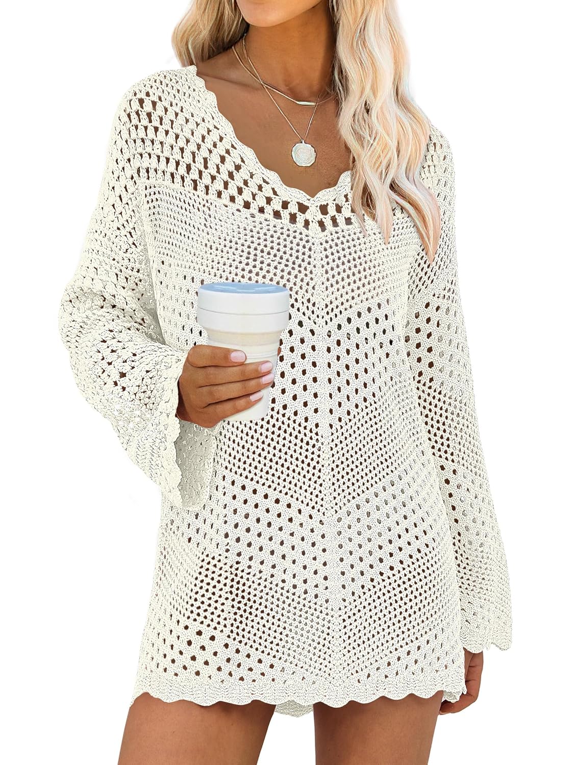 ANRABESS Swimsuit Cover Up for Women Crochet Bathing Suit 2026 Summer Swimwear V Neck Mesh Knit Dress Beach