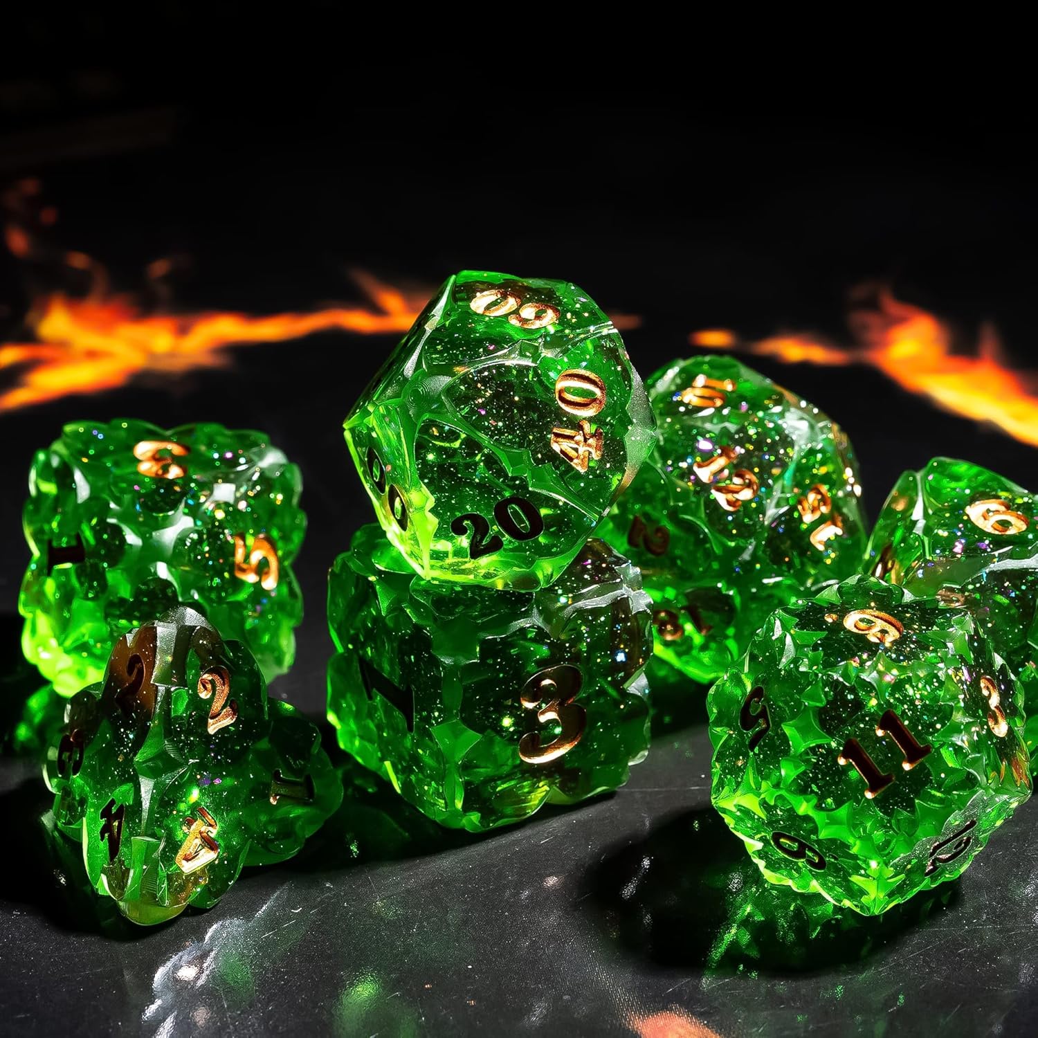 Cusdie Sharp Edge DND Dice, 7 PCS Shamrock DND Dice Set D&D D20 D12 D10 D8 D6 D4, Handcrafted Polyhedral Dice Set for RPG and Other Table Games(Green)