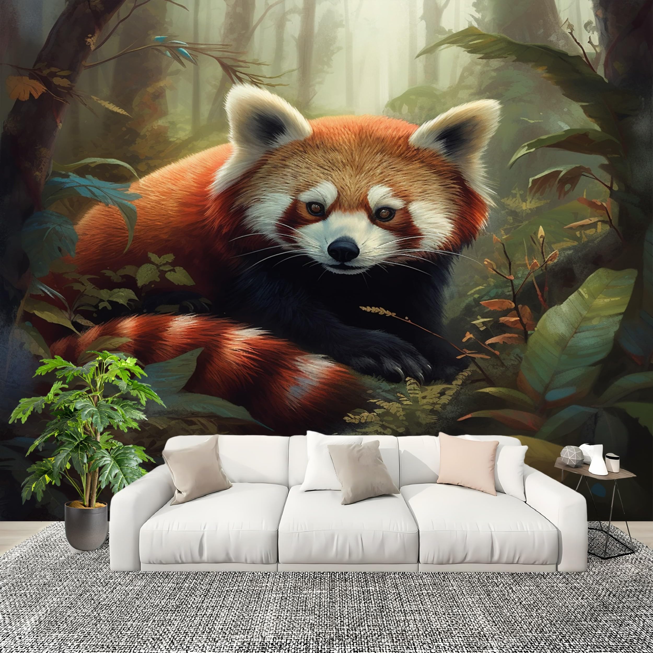 Fototapeta 300 x 210 cm Dżungla Zwierzęta Panda Czerwony Liść Tapeta Ścienna Efekt 3D Włókniny Zielony Mural Sypialnia Salon Tło TV i Sofa