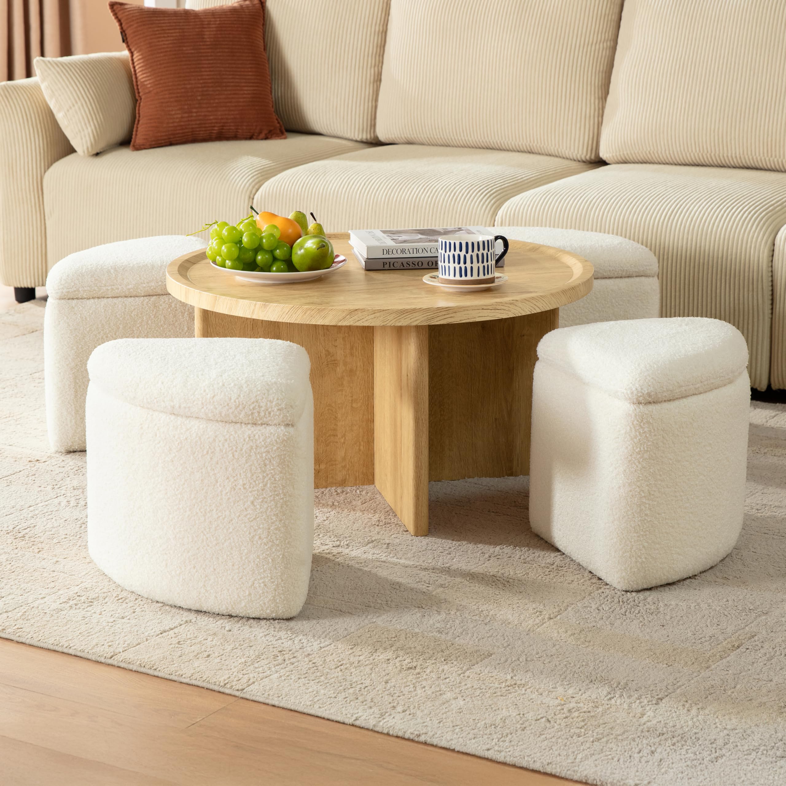 Square Coffee Table with Stools Underneath Wood Ottoman Coffee Tables with 4 Boucle Storage Ottomans Seats Mid-Century Modern