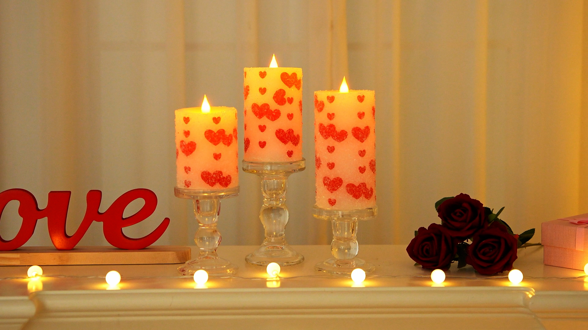 Image of Baquler 3 Pcs Christmas Flameless Candles Pastel Candy Cane LED Pillar Candle Peppermint Glitter Red and White Battery Operated Candlestick for Xmas Party Holiday Table Home Decoration(Heart)