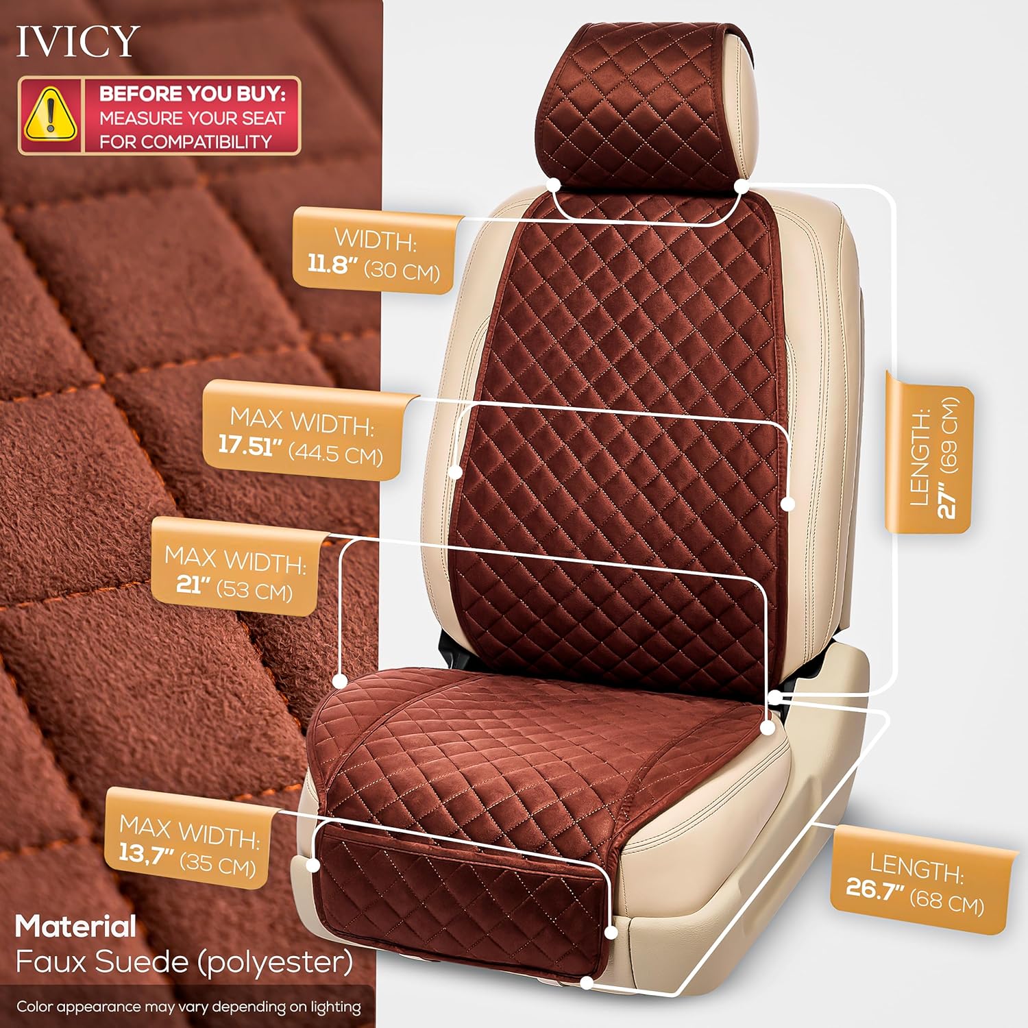 IVICY Faux Suede Front Car Seat Cover – Durable, Non-Slip Seat Protector for Cars – 1 Unit, Brown