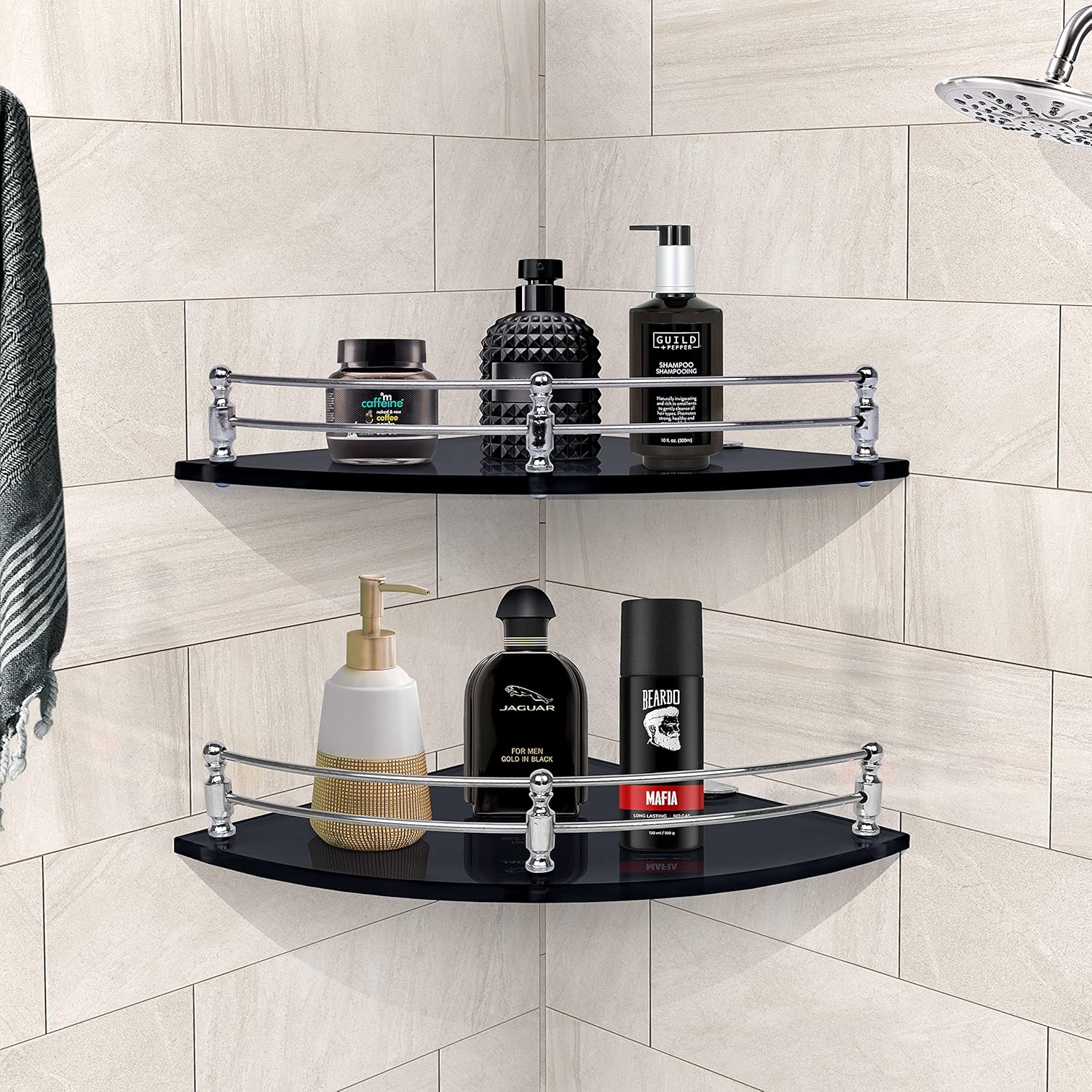 Plantex Premium Black Glass Corner Shelf for Bathroom/Wall Shelf