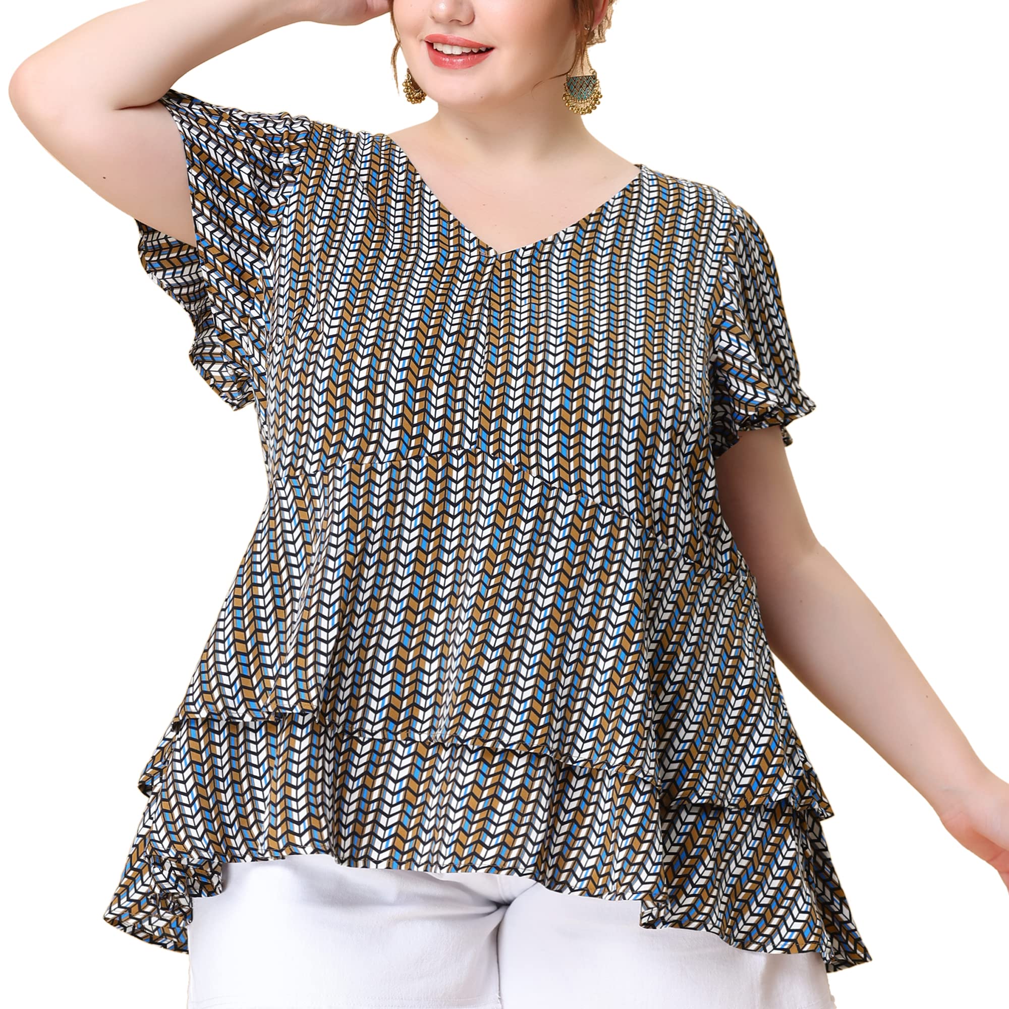 Agnes Orinda Plus Size Women's 2023 Summer Tops V Neck Short Sleeve Peplum Geometric Print Layered Ruffle Blouses