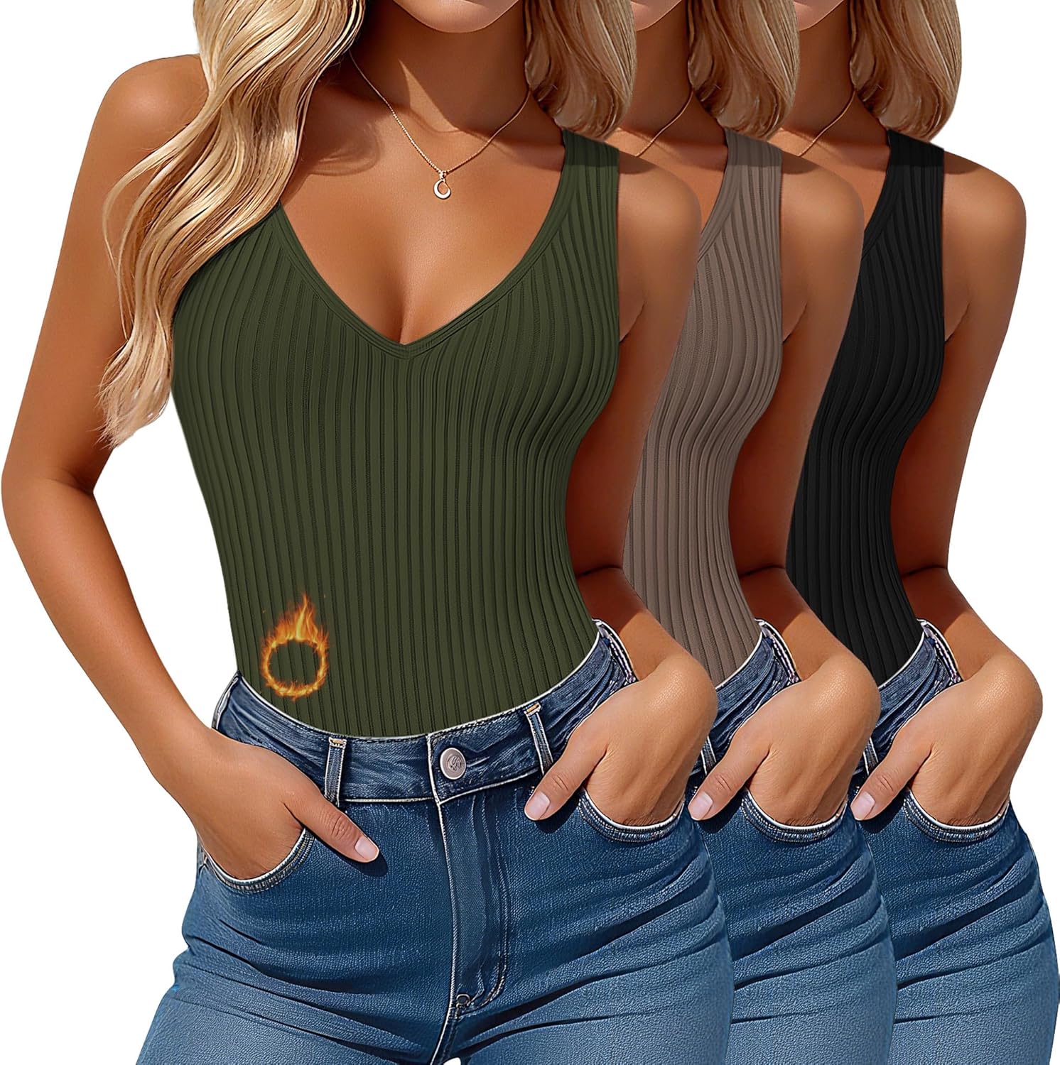 3 Pack Women's Thermal Tank Tops Fleece Lined Reversible Sleeveless Ribbed Undershirts V Neck or U Neck Base Layer