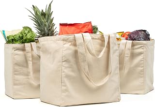 VeraMia 3-Pack XL Canvas Reusable Grocery Bags - 80lbs Heavy Duty, Real Bottle Pockets, Dual Handles, Machine Washable