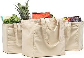 VeraMia Canvas Grocery Bag 3pc XL Set with Real Pockets, Long Shoulder Strap and Short Handle. Heavy Duty, Foldable,...