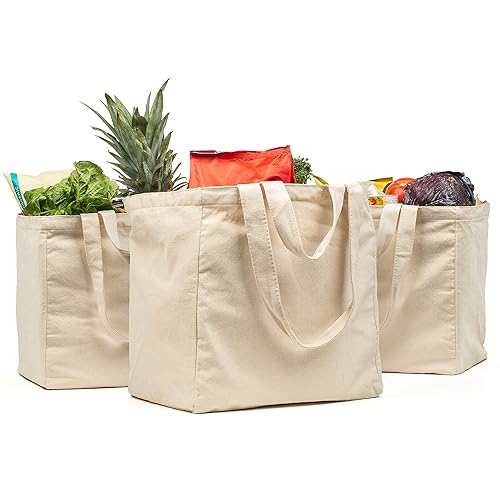 VeraMia Canvas Grocery Bag 3pc XL Set with Real Pockets,