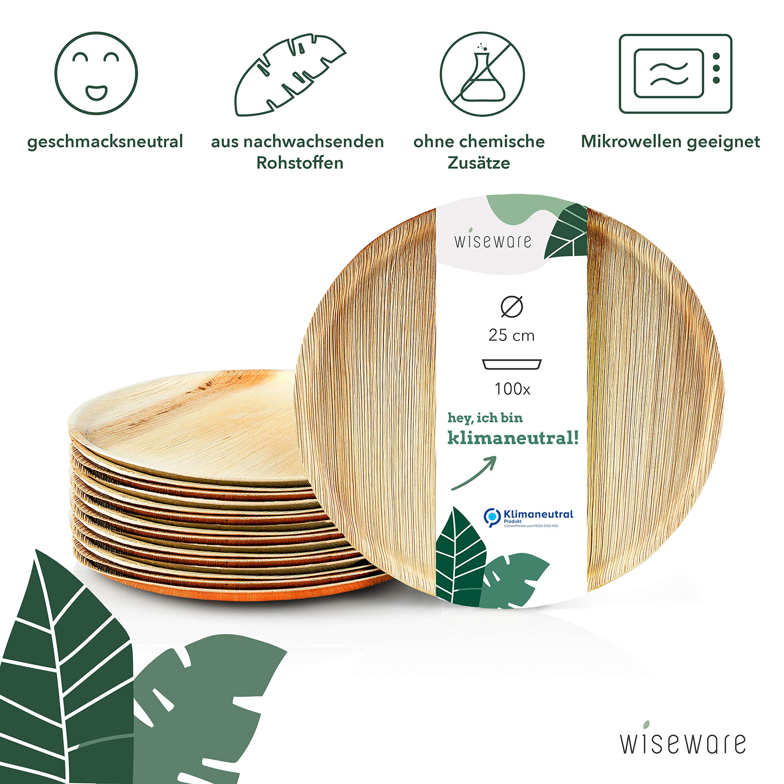 Wiseware - Piatti per pizza in foglia di palma, 100 pezzi usa e getta, rotondi, piatti, piatti in foglia di palma, biodegradabili, stoviglie compostabili, stoviglie monouso, 100, Ø 25 cm