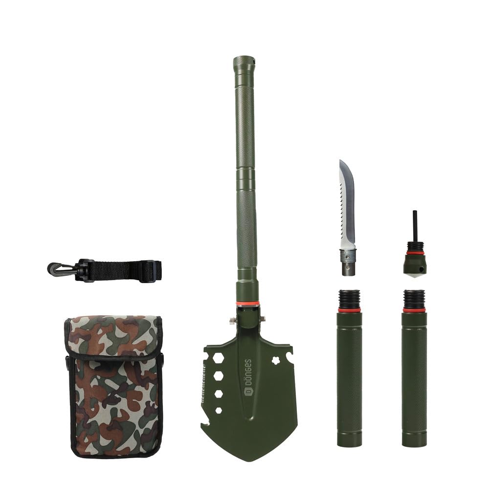 Dönges Multifunktionaler Klappspaten inkl. 3 Längen | Kombi Schaufel aus rostfreien Edelstahl | olivgrüne Klappschaufel für Survival, Wandern, Camping | Survival Ausrüstung mit camouflage Tragetasche