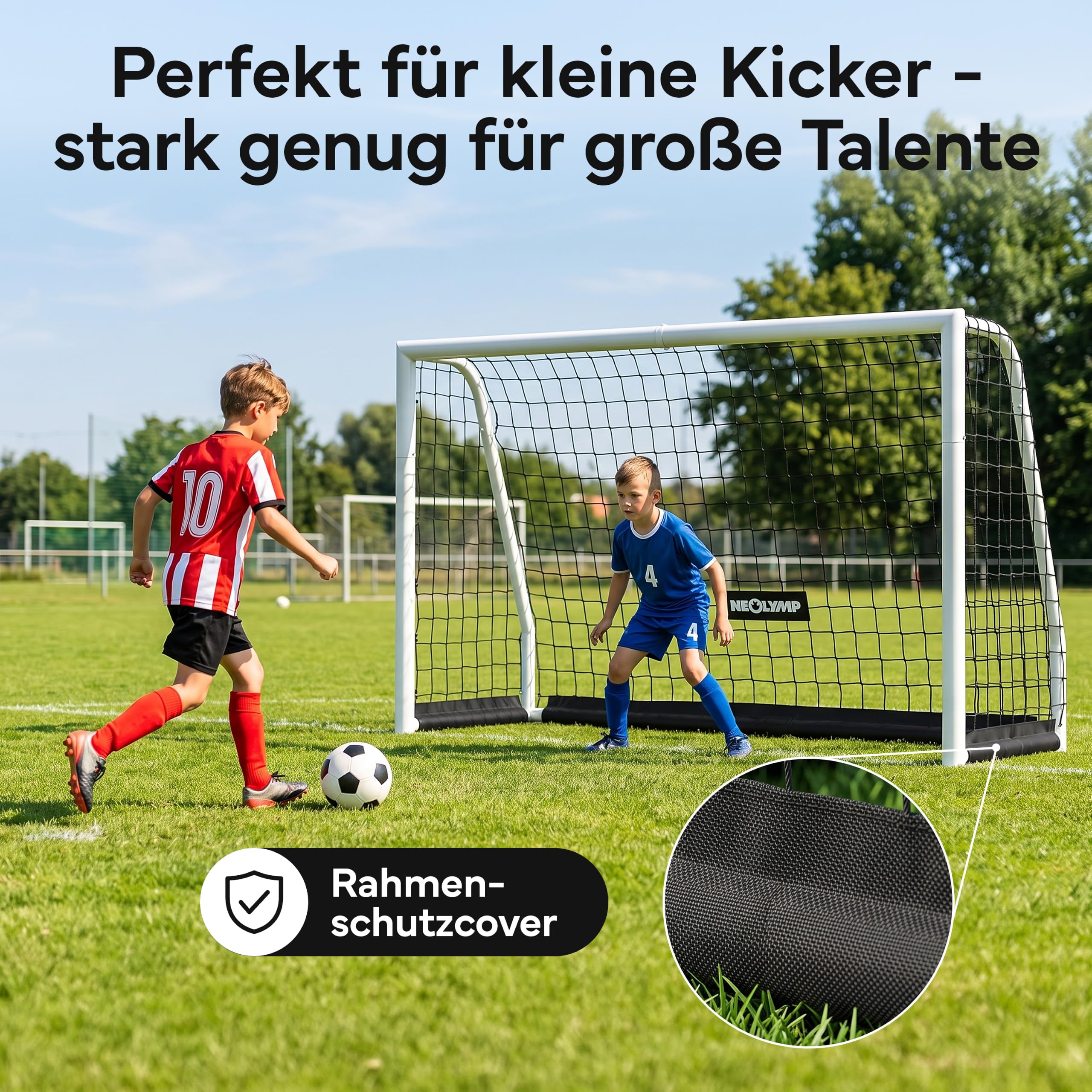NEOLYMP Fußballtor für Garten – Robustes Stadion-Tor aus Metall, korrosionsgeschützt – Wetterfestes Fußballtor Kinder Outdoor inkl. Heringe – Klicksystem & Polyester-Netz – Einfacher Aufbau